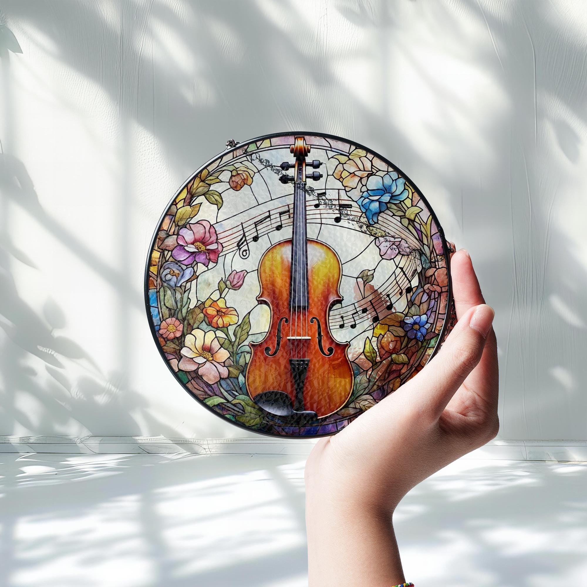 Floral Violin  Glass Suncatcher – Musical Window Art – Perfect Mother's Day Gift – Music Lover's Decor – Elegant Floral Design