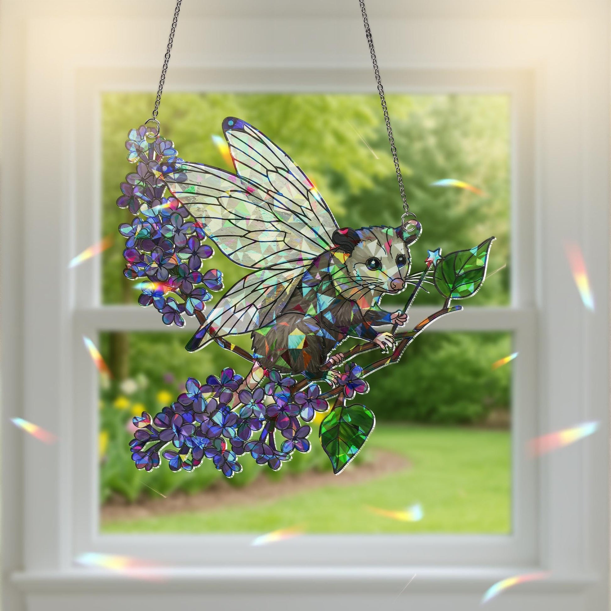 Fairy Godpossum Lilac Branch Holographic Acrylic Suncatcher – Whimsical Window Decor, Possum Lover Gift, Cottagecore Fairycore Ornament