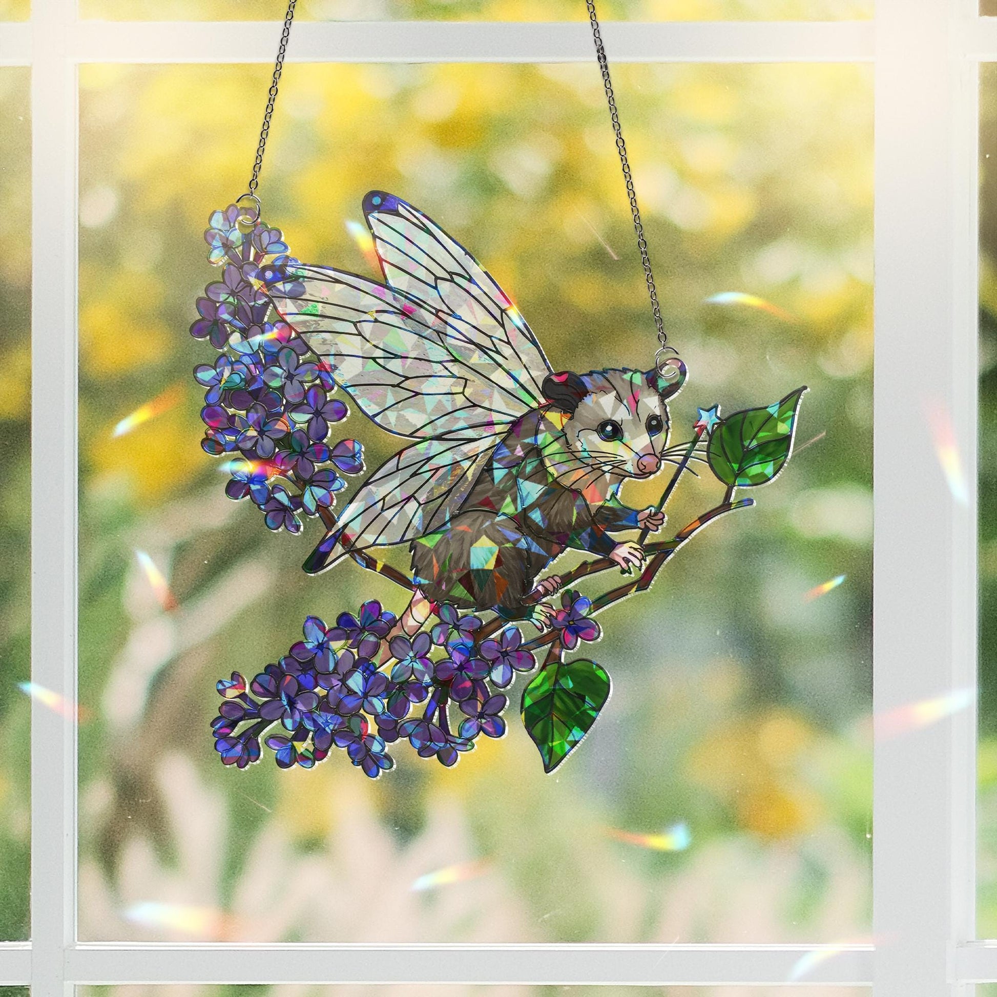 Fairy Godpossum Lilac Branch Holographic Acrylic Suncatcher – Whimsical Window Decor, Possum Lover Gift, Cottagecore Fairycore Ornament