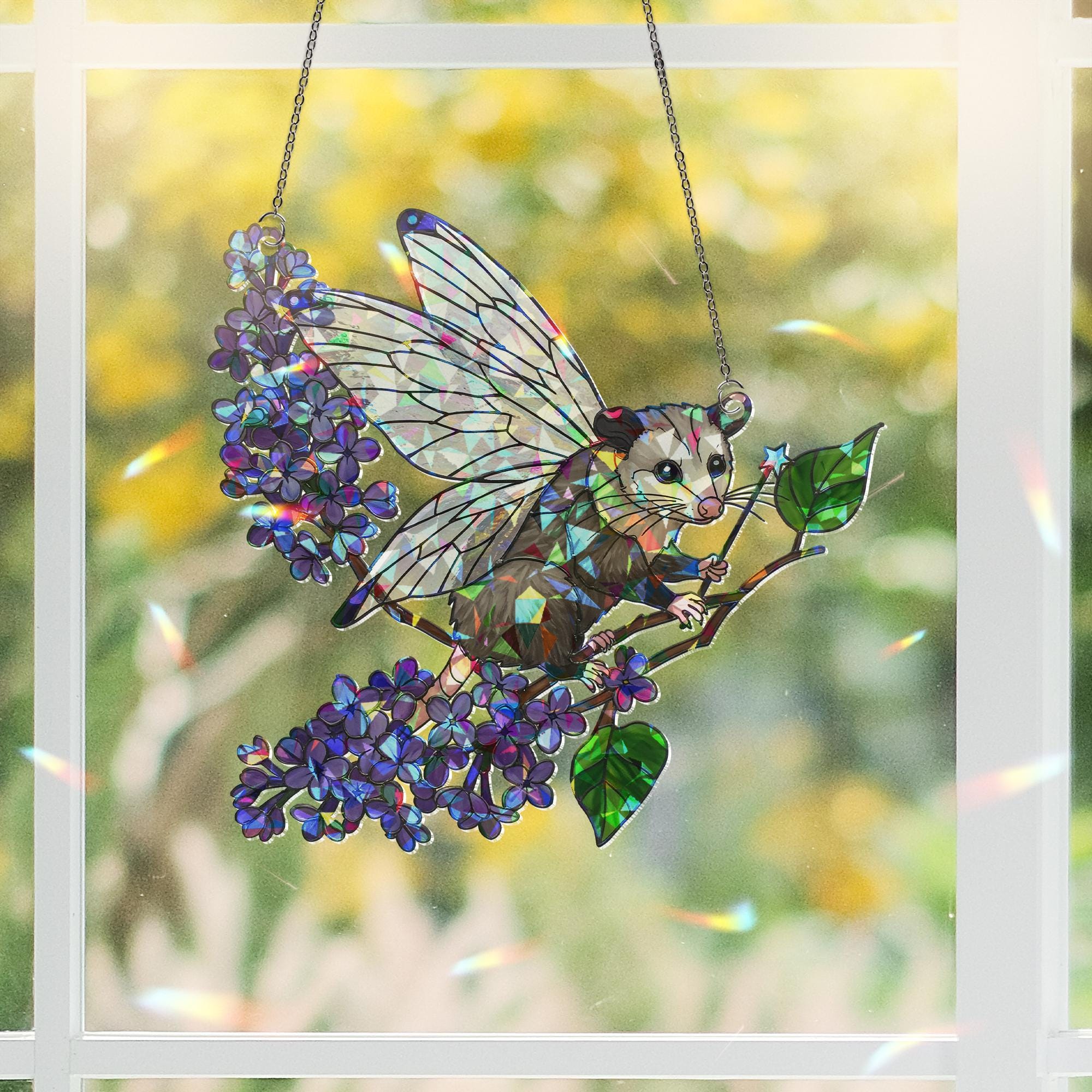 Fairy Godpossum Lilac Branch Holographic Acrylic Suncatcher – Whimsical Window Decor, Possum Lover Gift, Cottagecore Fairycore Ornament