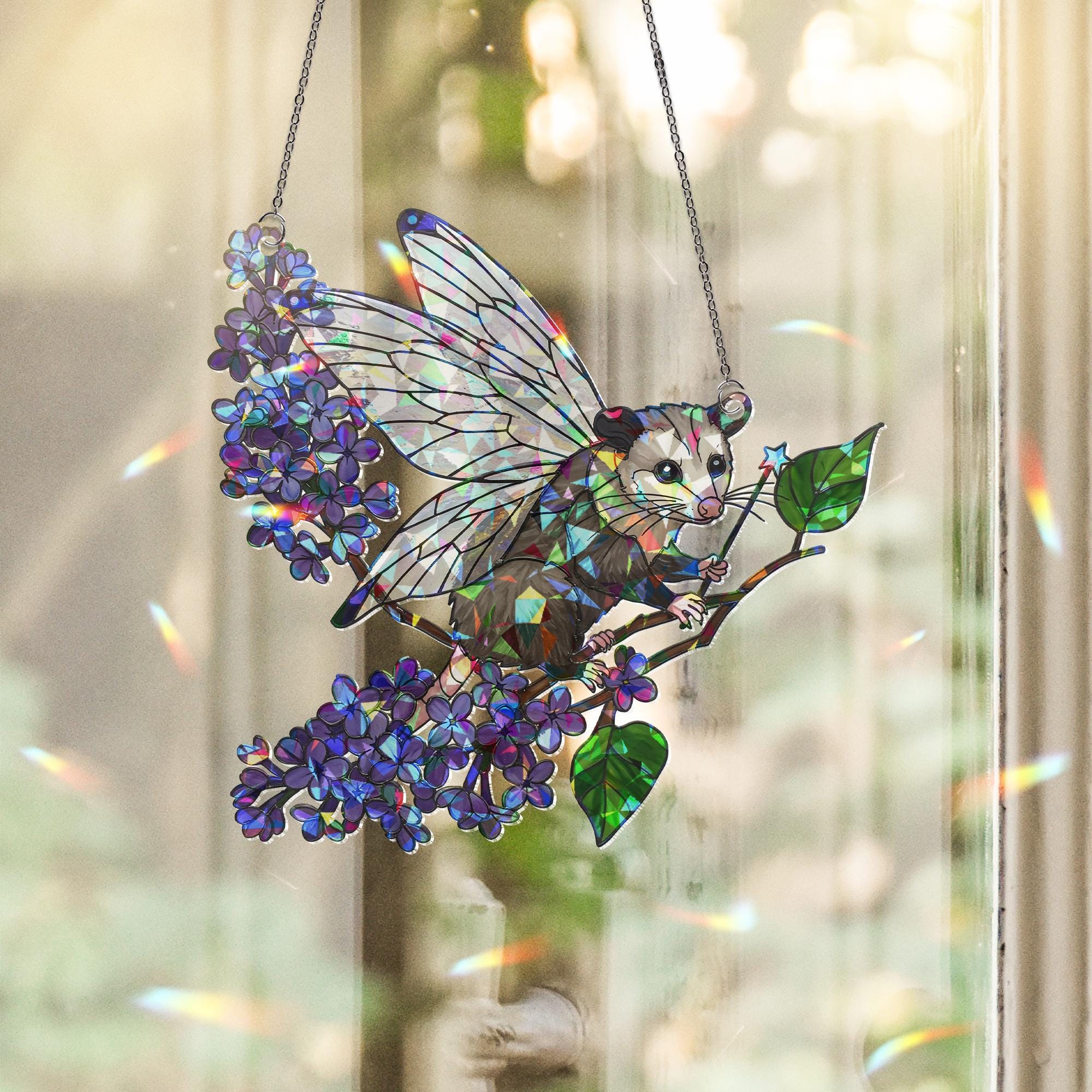 Fairy Godpossum Lilac Branch Holographic Acrylic Suncatcher – Whimsical Window Decor, Possum Lover Gift, Cottagecore Fairycore Ornament