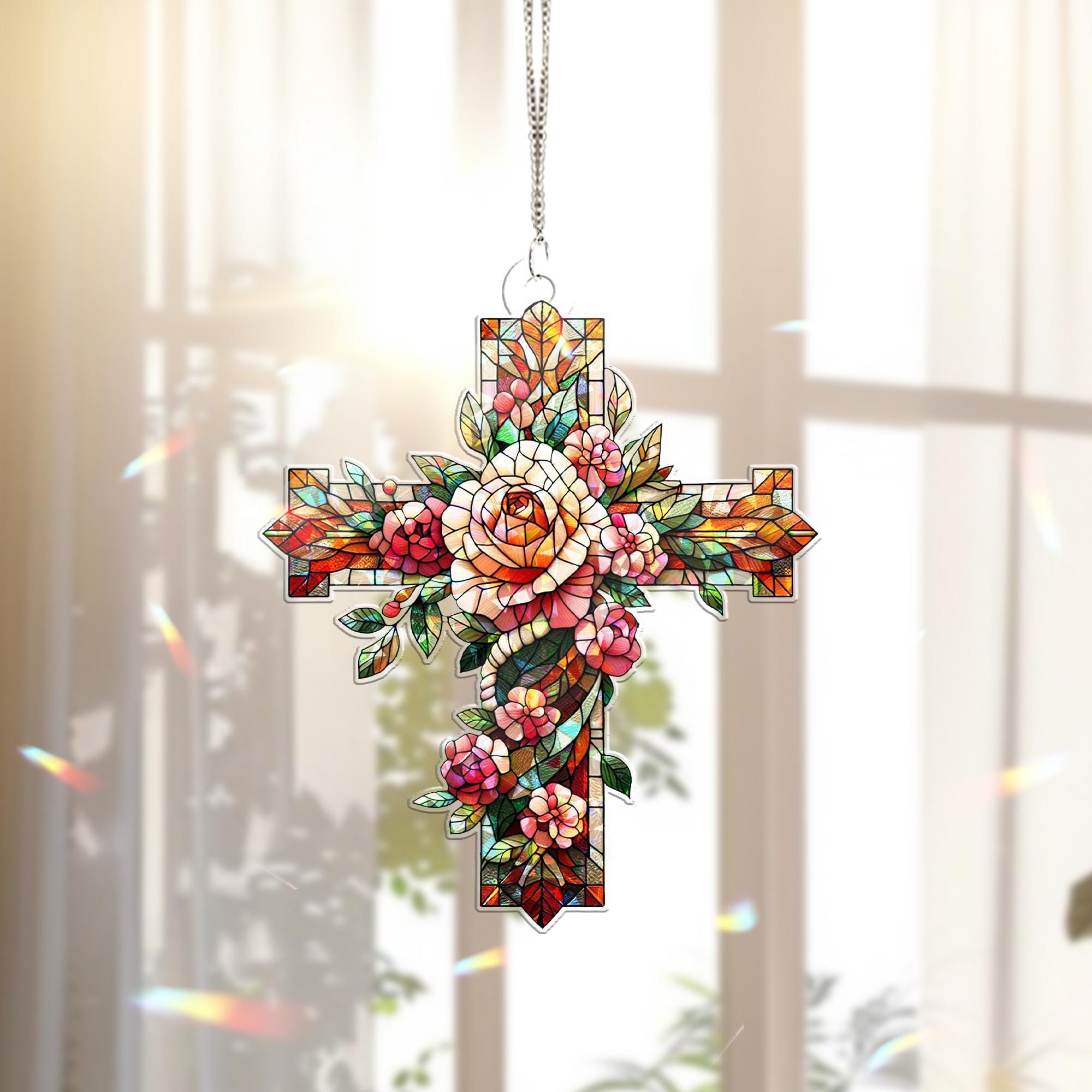 Floral Cross Hologram Acrylic Window Hanging – Inspirational Window Art – Perfect Mother's Day Gift – Faithful Decor with Elegant Floral