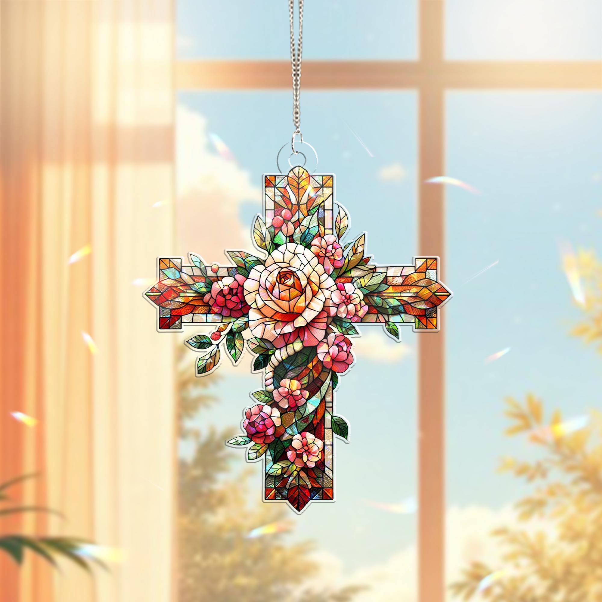 Floral Cross Hologram Acrylic Window Hanging – Inspirational Window Art – Perfect Mother's Day Gift – Faithful Decor with Elegant Floral