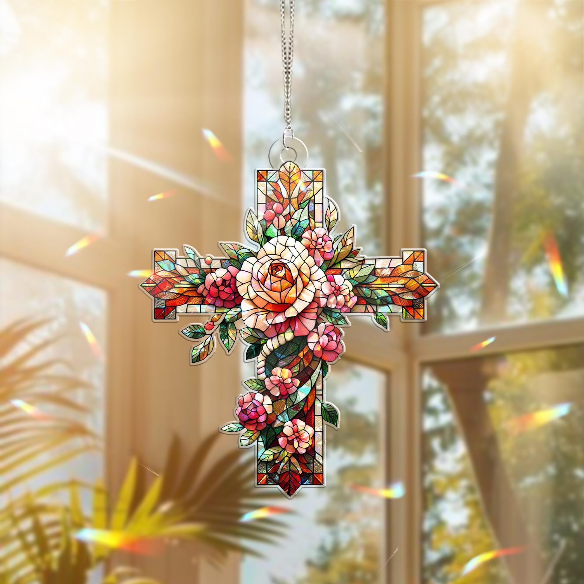 Floral Cross Hologram Acrylic Window Hanging – Inspirational Window Art – Perfect Mother's Day Gift – Faithful Decor with Elegant Floral