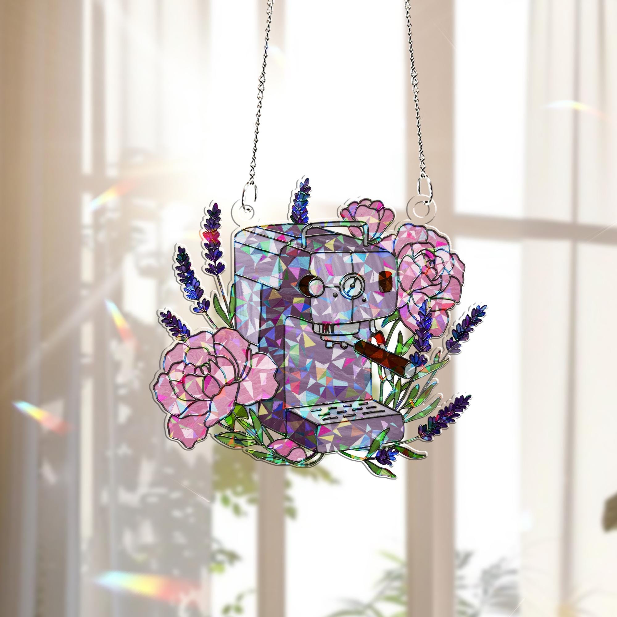 Floral Coffee Machine Hologram Acrylic Window Hanging – Beautiful Kitchen Decor – Perfect Mother's Day Gift for Coffee Lovers