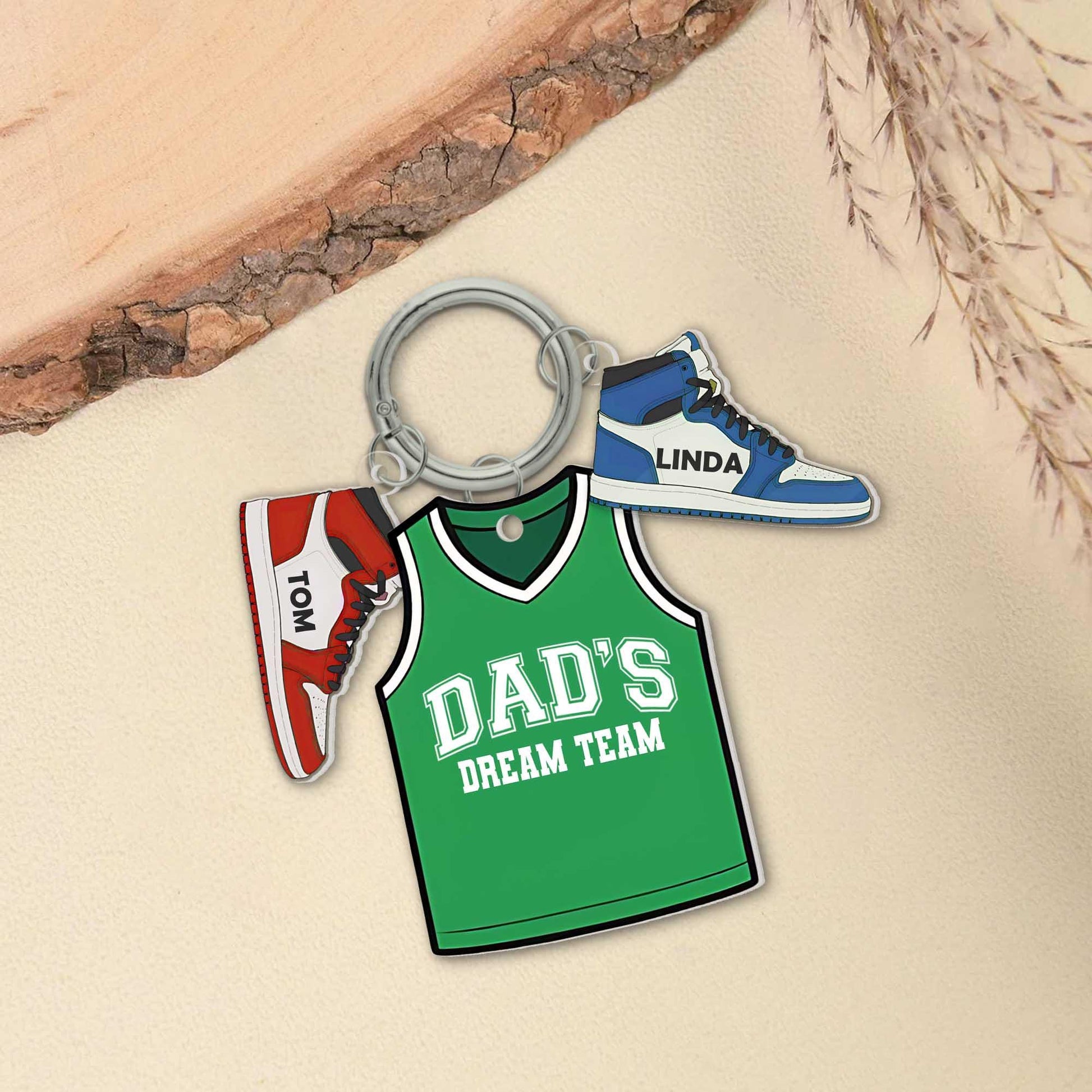 Dad's Dream Team Keychain – Personalized Basketball Jersey Gift with Kids' Sneaker Charms, Custom Father's Day Gift for Sports Dads