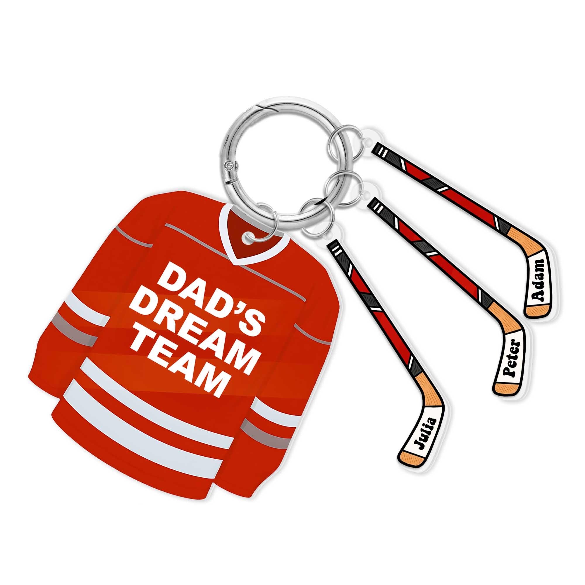 Dad’s Dream Team Hockey Keychain – Personalized Gift with Kids' Names on Sticks, Custom Father’s Day Gift for Hockey Dad Fans