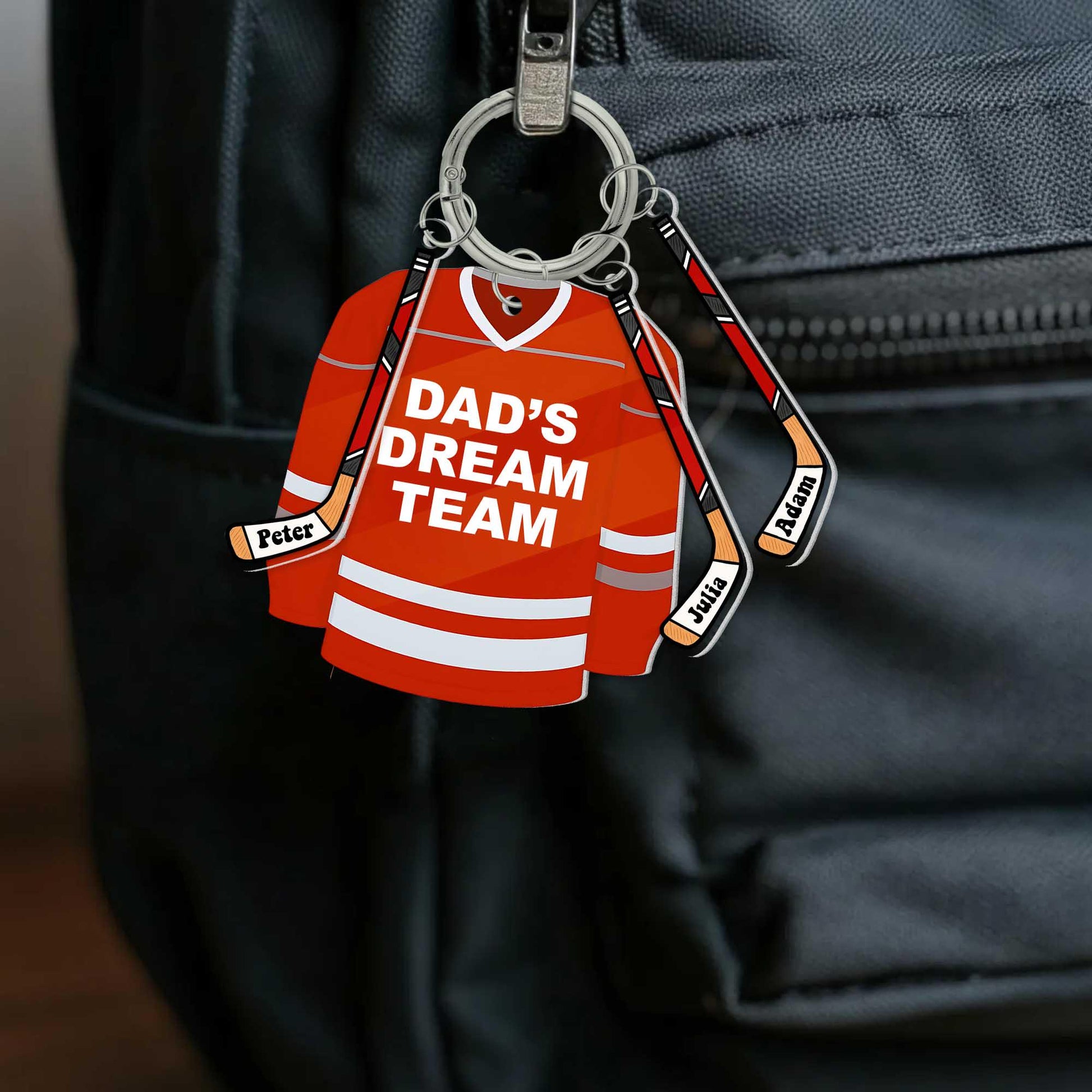 Dad’s Dream Team Hockey Keychain – Personalized Gift with Kids' Names on Sticks, Custom Father’s Day Gift for Hockey Dad Fans