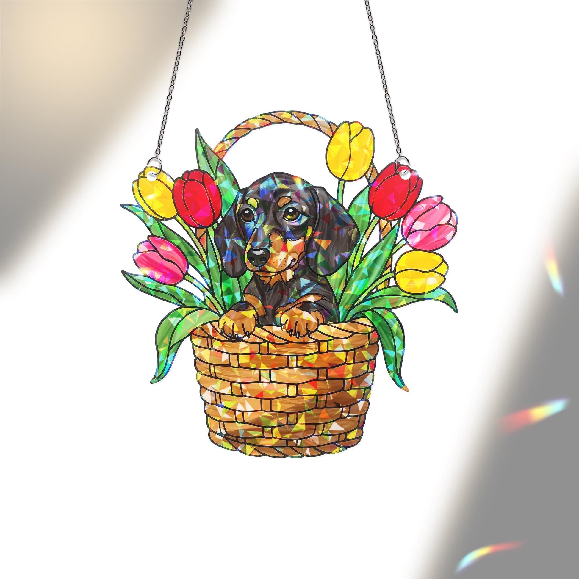 Dachshund Sitting on Tulip Basket Hologram ACRYLIC Window Hanging, Dog Lover Window Decor, Floral Sun Catcher, Pet Memorial Gift, Home Decor
