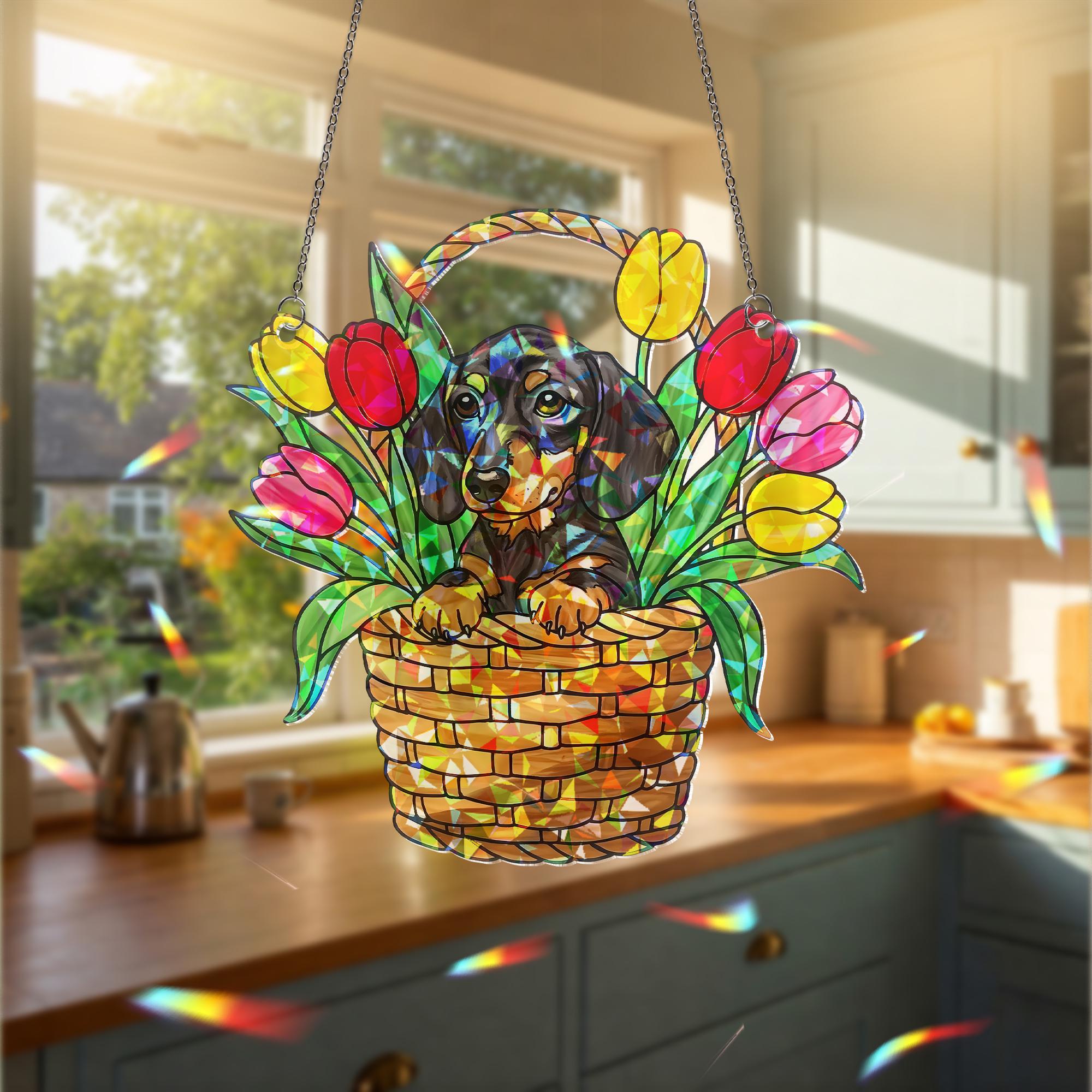Dachshund Sitting on Tulip Basket Hologram ACRYLIC Window Hanging, Dog Lover Window Decor, Floral Sun Catcher, Pet Memorial Gift, Home Decor