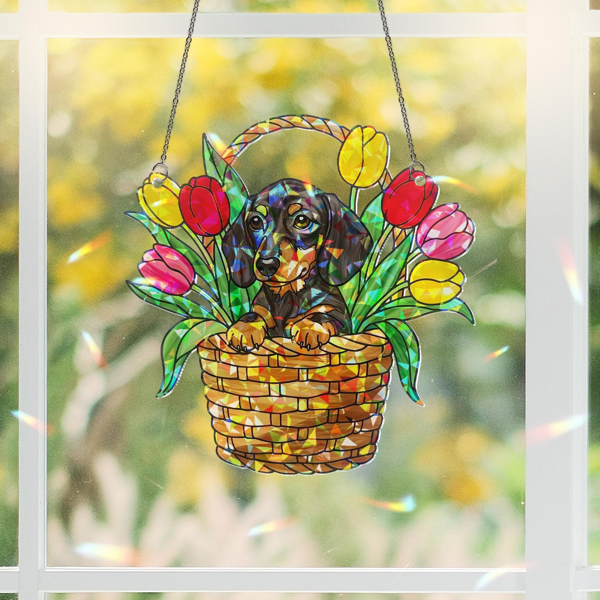 Dachshund Sitting on Tulip Basket Hologram ACRYLIC Window Hanging, Dog Lover Window Decor, Floral Sun Catcher, Pet Memorial Gift, Home Decor