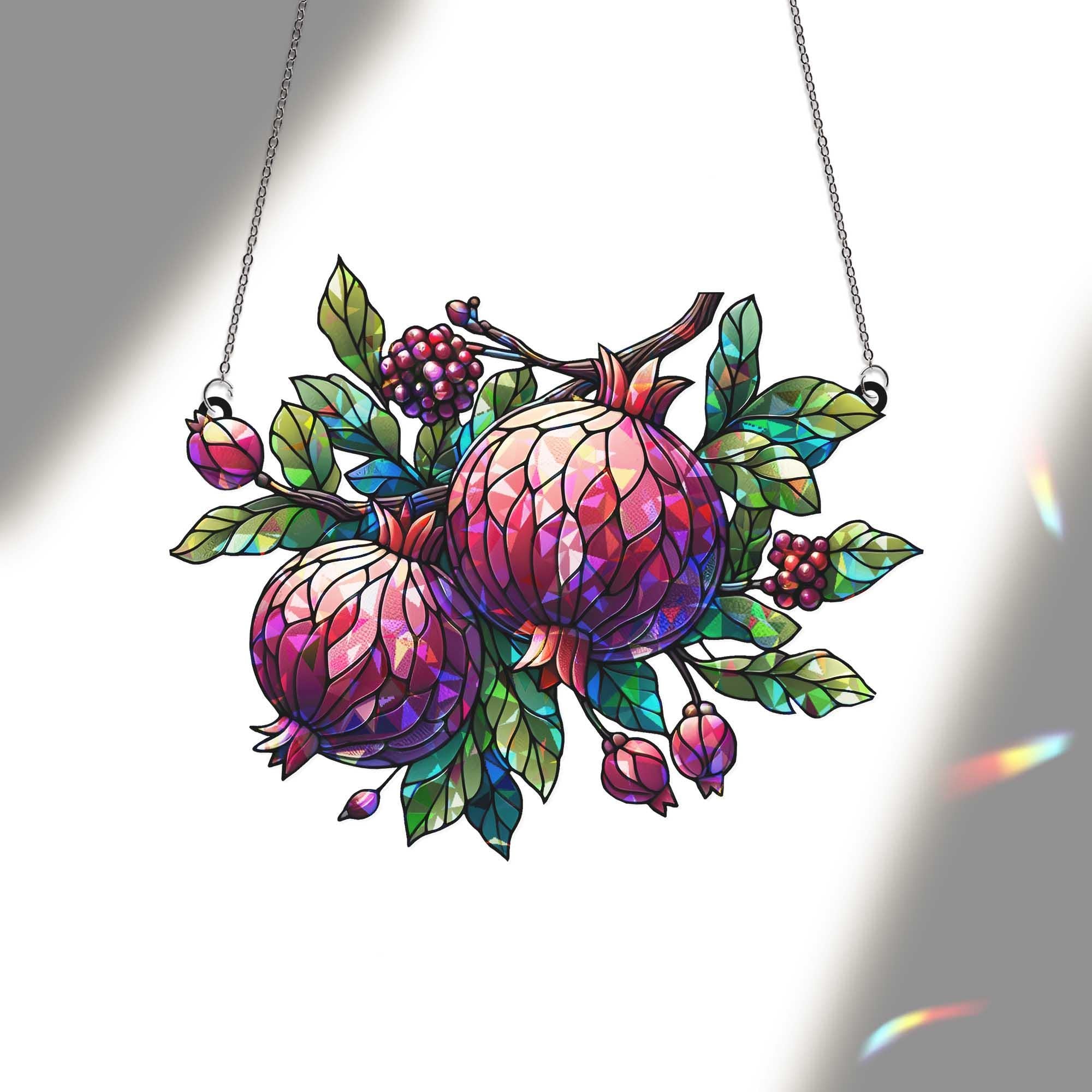 Pomegranate Hologram Window Hanging – Sun Catcher with Fruit and Leaves, Vibrant Kitchen or Garden Decor