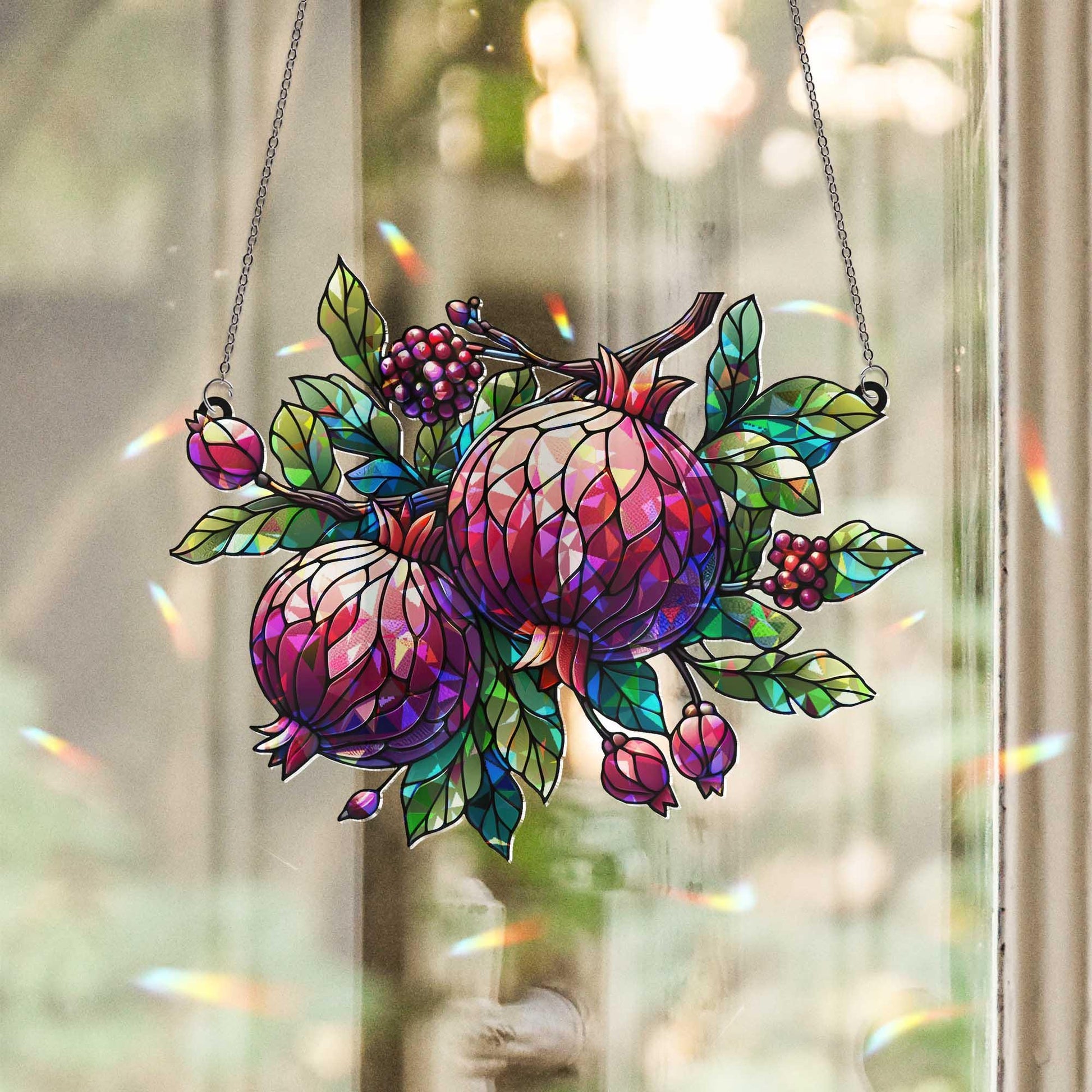 Pomegranate Hologram Window Hanging – Sun Catcher with Fruit and Leaves, Vibrant Kitchen or Garden Decor