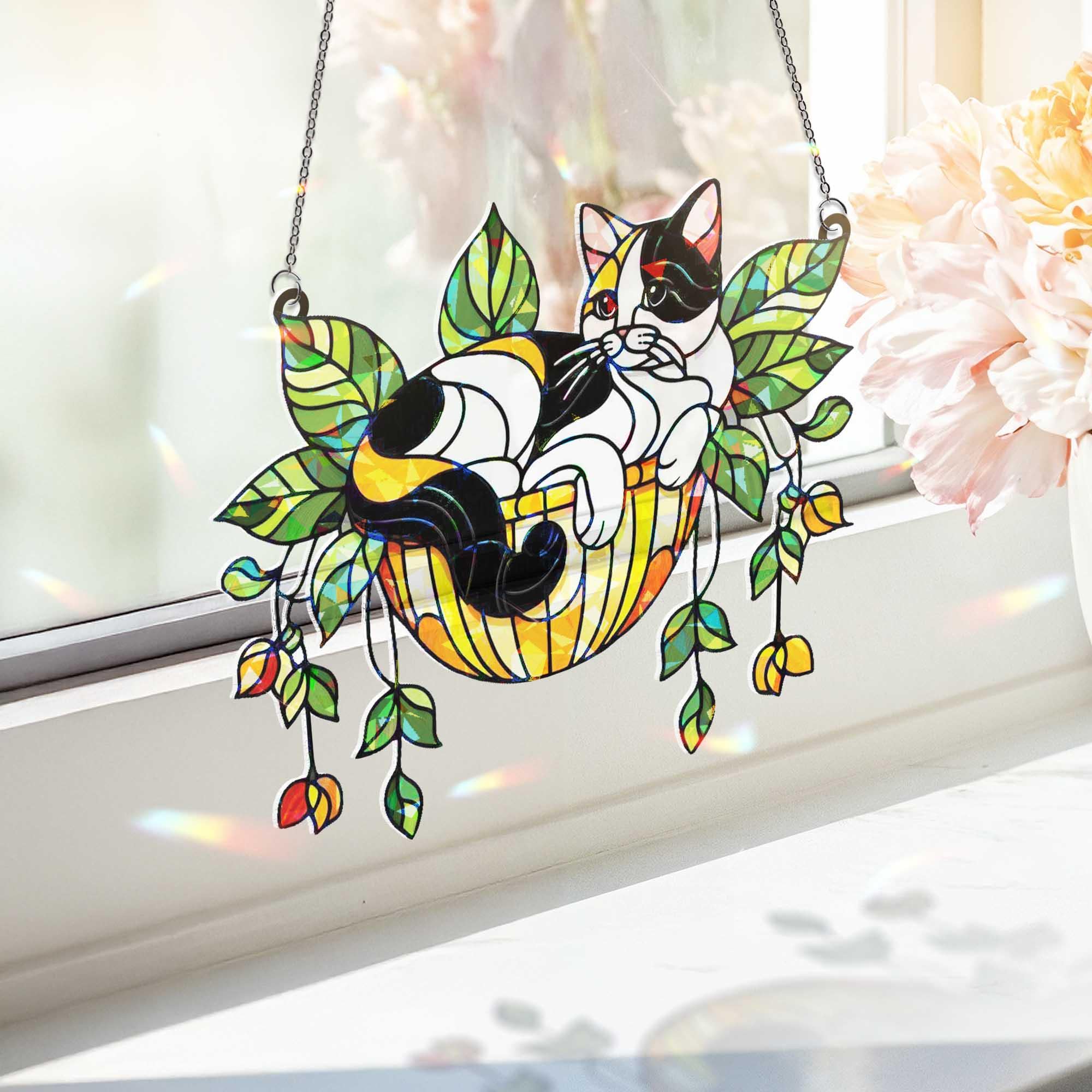 Cat in Hanging Basket Holographic Window Hanging – Stained Glass Look Suncatcher, Cute Kitty Plant Lover Gift, Window Decor Art