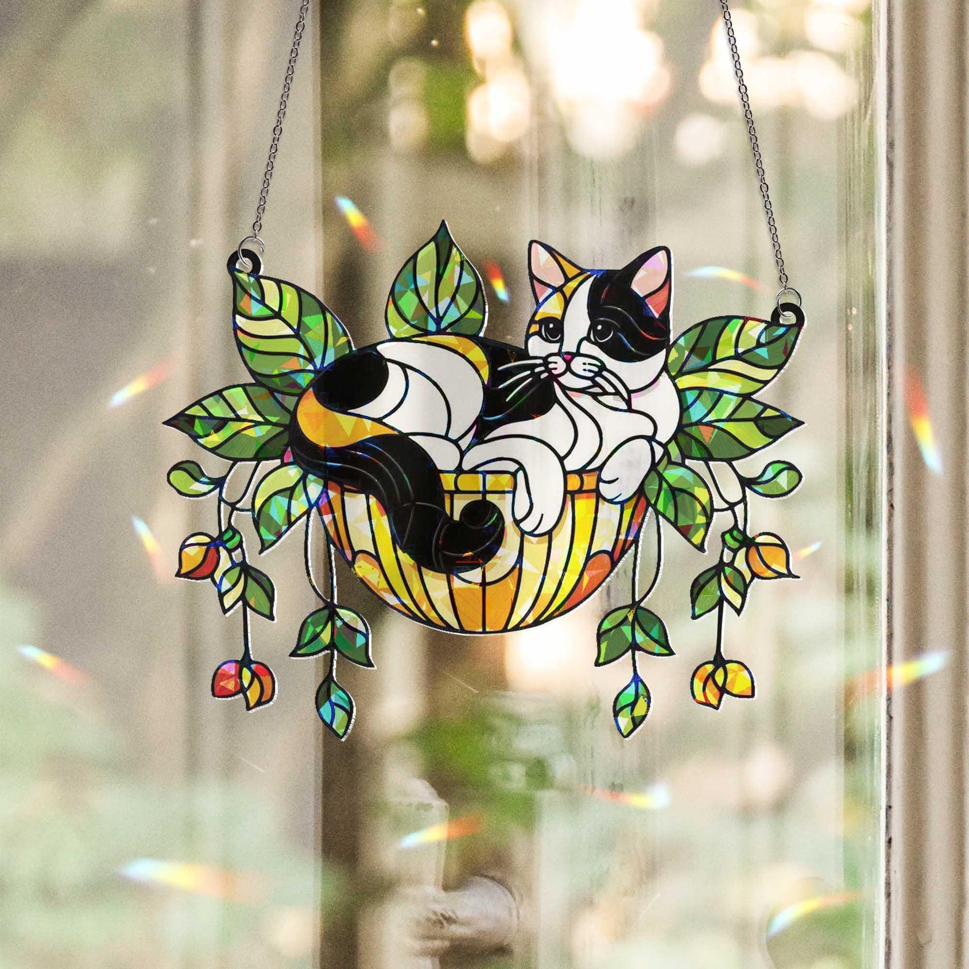 Cat in Hanging Basket Holographic Window Hanging – Stained Glass Look Suncatcher, Cute Kitty Plant Lover Gift, Window Decor Art