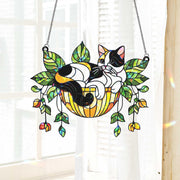 Cat in Hanging Basket Holographic Window Hanging – Stained Glass Look Suncatcher, Cute Kitty Plant Lover Gift, Window Decor Art