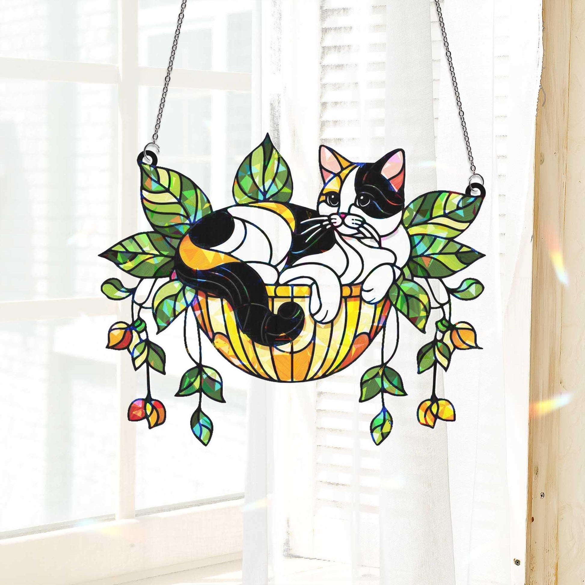 Cat in Hanging Basket Holographic Window Hanging – Stained Glass Look Suncatcher, Cute Kitty Plant Lover Gift, Window Decor Art