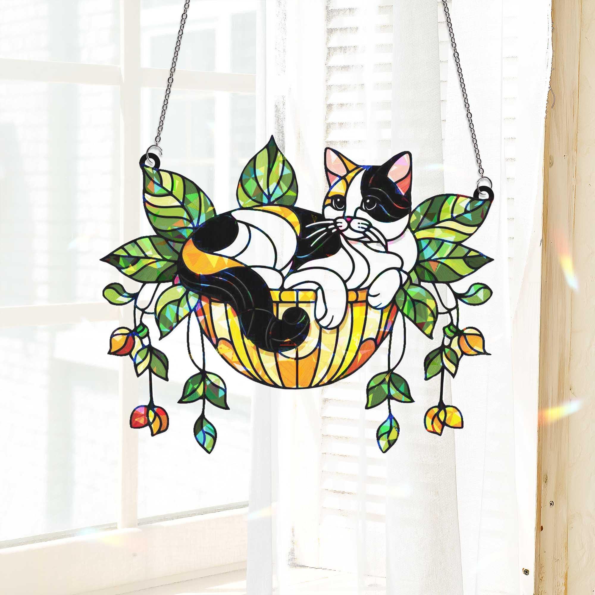 Cat in Hanging Basket Holographic Window Hanging – Stained Glass Look Suncatcher, Cute Kitty Plant Lover Gift, Window Decor Art