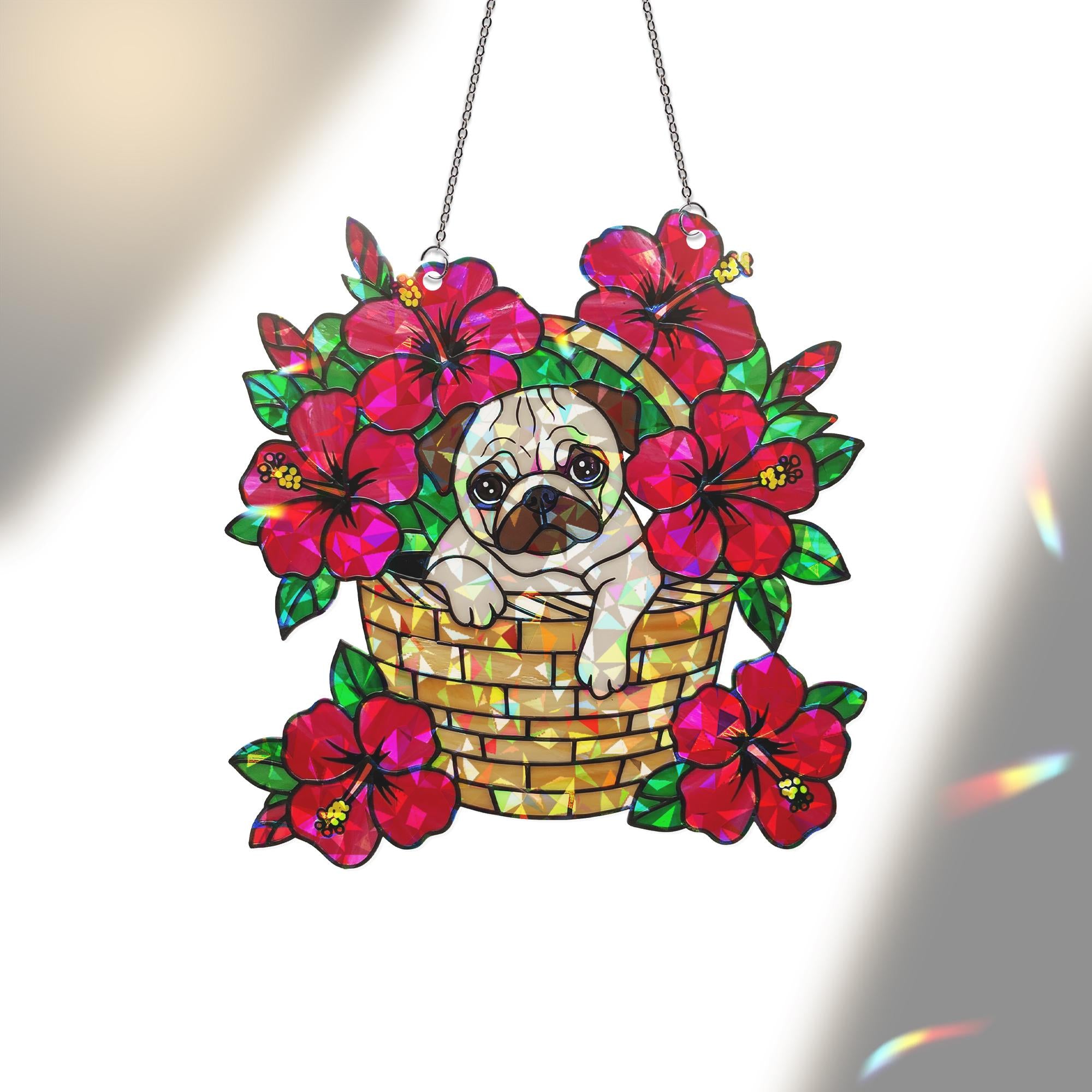 Pug Sitting on Hibiscus Basket ACRYLIC Window Hanging, Dog Lover Window Decor, Floral Sun Catcher, Pet Gift, Summer Home Decoration