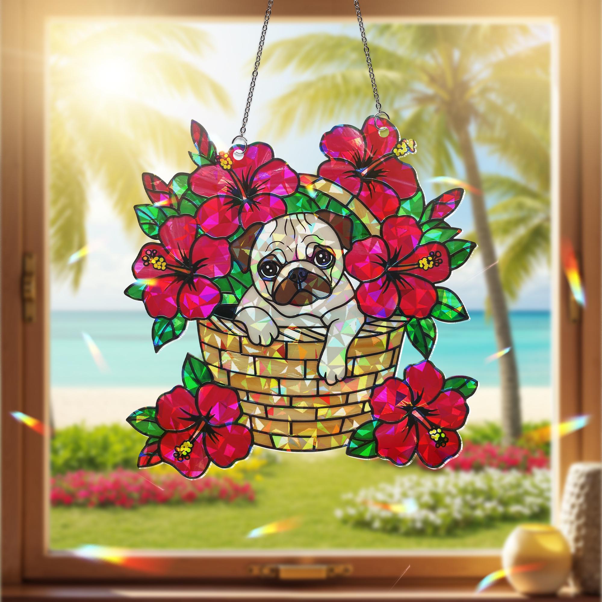 Pug Sitting on Hibiscus Basket ACRYLIC Window Hanging, Dog Lover Window Decor, Floral Sun Catcher, Pet Gift, Summer Home Decoration