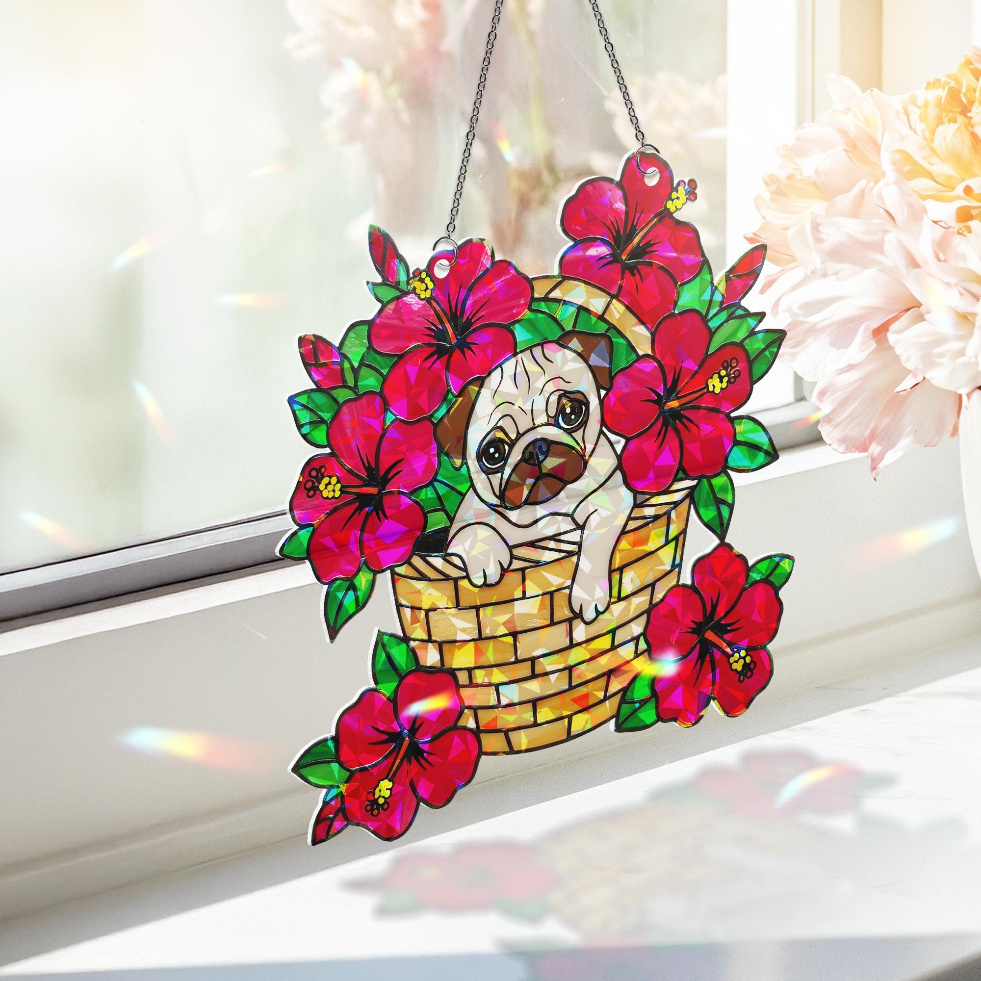 Pug Sitting on Hibiscus Basket ACRYLIC Window Hanging, Dog Lover Window Decor, Floral Sun Catcher, Pet Gift, Summer Home Decoration