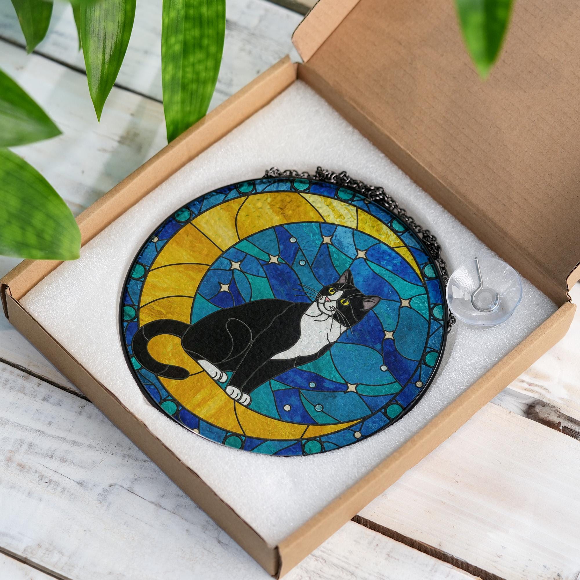 Cat On Moon Glass Suncatcher Hanging | Tuxedo Cat Ornament |  Black Cat Gift | Home Decor for Cat Lovers | Cat Mom Gift, Mother's day gift
