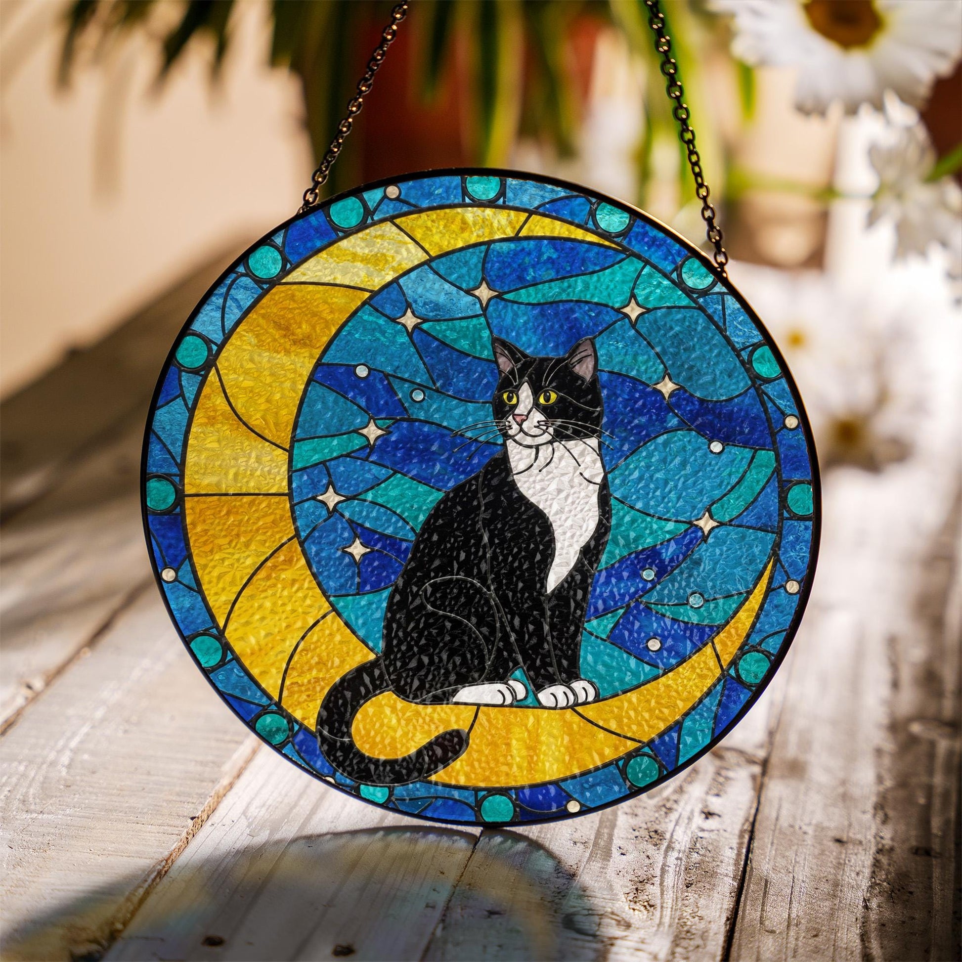 Cat On Moon Glass Suncatcher Hanging | Tuxedo Cat Ornament |  Black Cat Gift | Home Decor for Cat Lovers | Cat Mom Gift, Mother's day gift