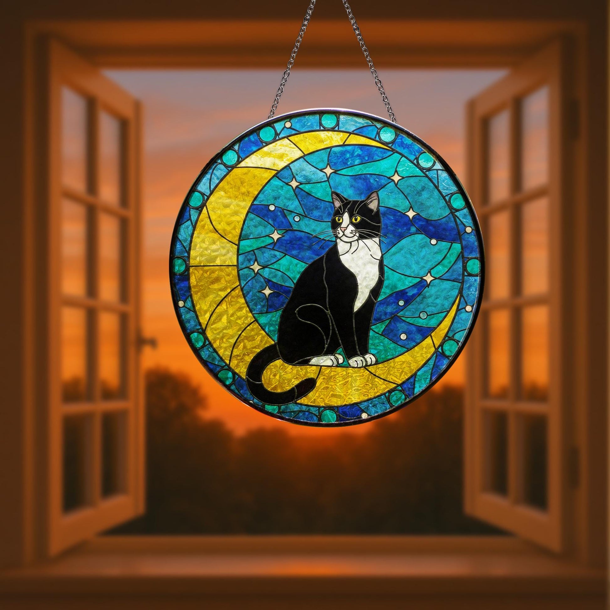 Cat On Moon Glass Suncatcher Hanging | Tuxedo Cat Ornament |  Black Cat Gift | Home Decor for Cat Lovers | Cat Mom Gift, Mother's day gift