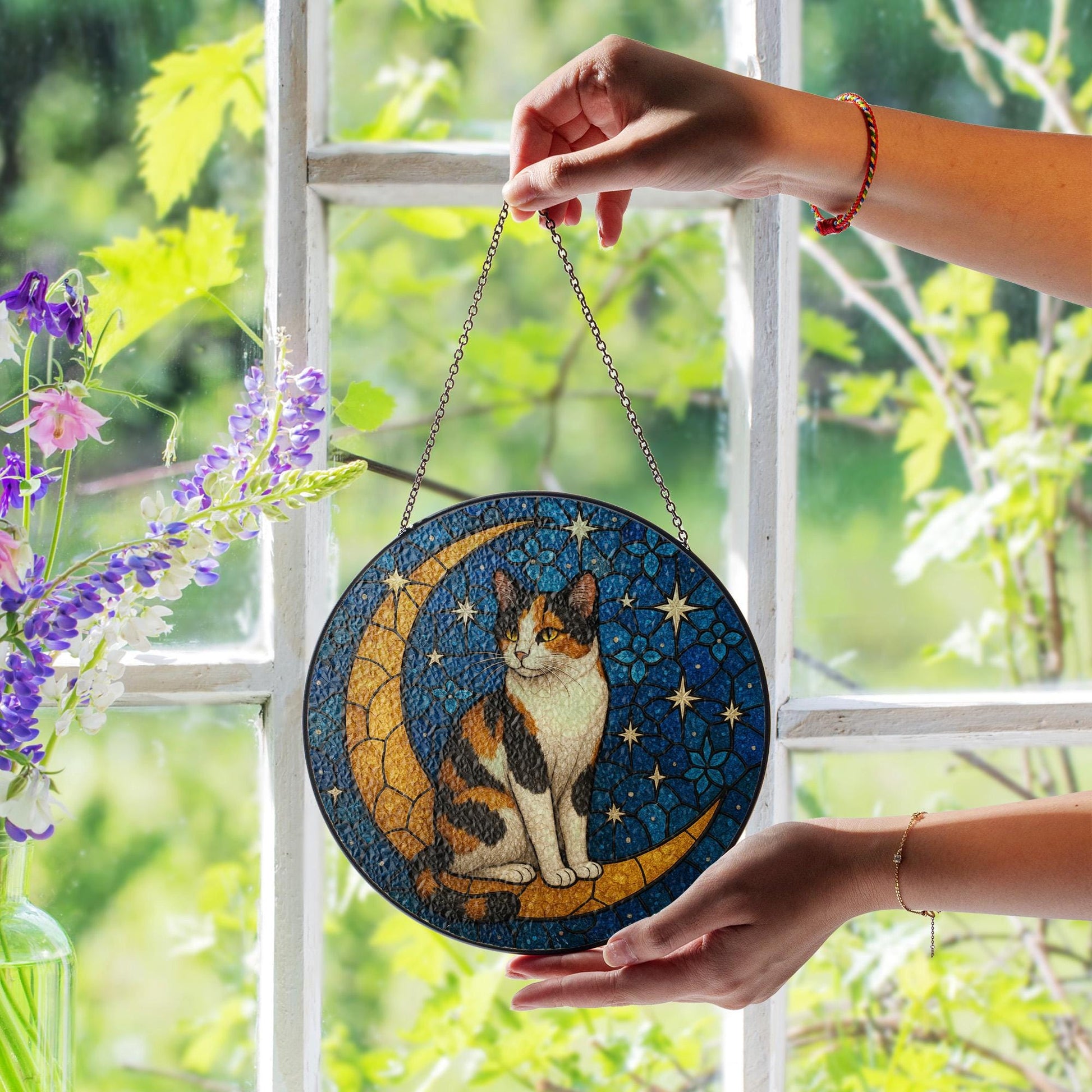 Cat On Moon Glass Suncatcher Hanging | Calico Cat Ornament |Home Decor for Cat Lovers | Cat Mom Gift, Mother's day gift