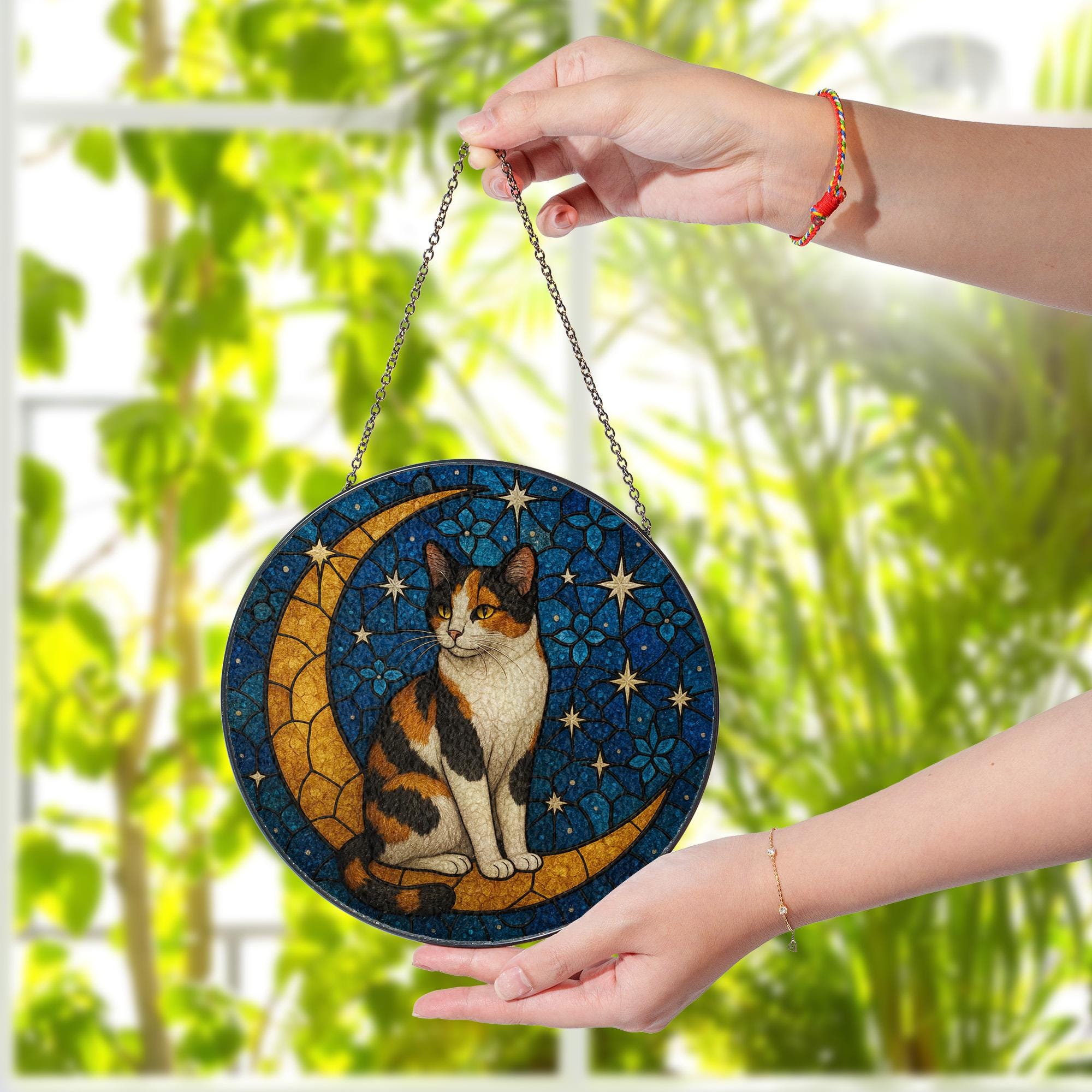 Cat On Moon Glass Suncatcher Hanging | Calico Cat Ornament |Home Decor for Cat Lovers | Cat Mom Gift, Mother's day gift