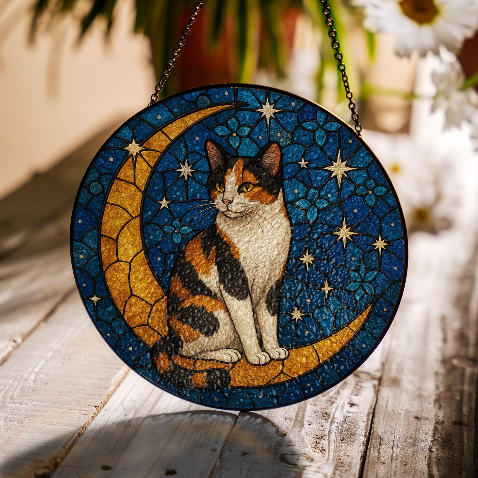 Cat On Moon Glass Suncatcher Hanging | Calico Cat Ornament |Home Decor for Cat Lovers | Cat Mom Gift, Mother's day gift