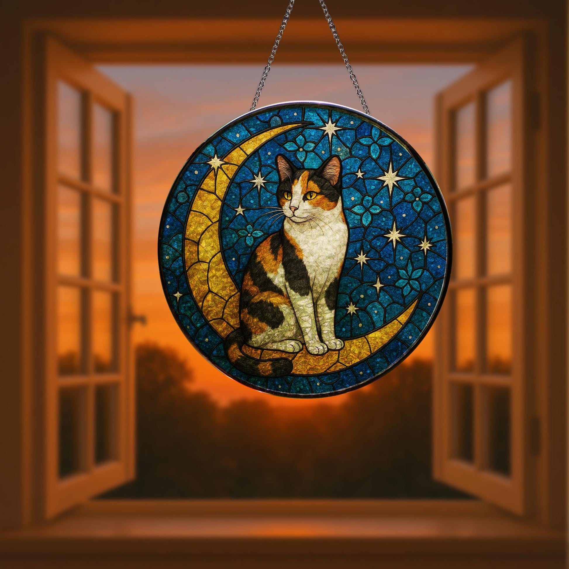 Cat On Moon Glass Suncatcher Hanging | Calico Cat Ornament |Home Decor for Cat Lovers | Cat Mom Gift, Mother's day gift