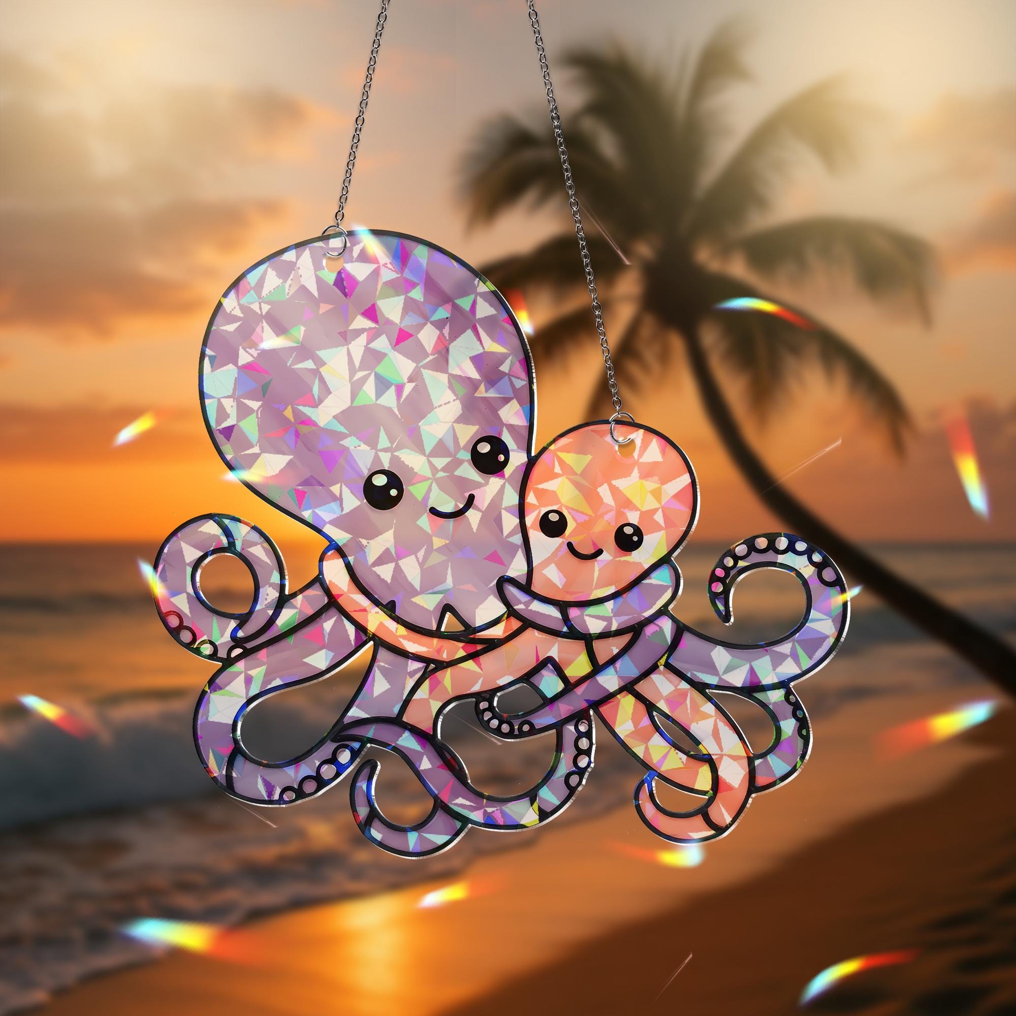 Octopus Mom and Baby Sun Catcher – Cute Ocean Animal Hanging Sign – Holographic Acrylic Decor – Mother’s Day Gift – Sea Life Nursery Art