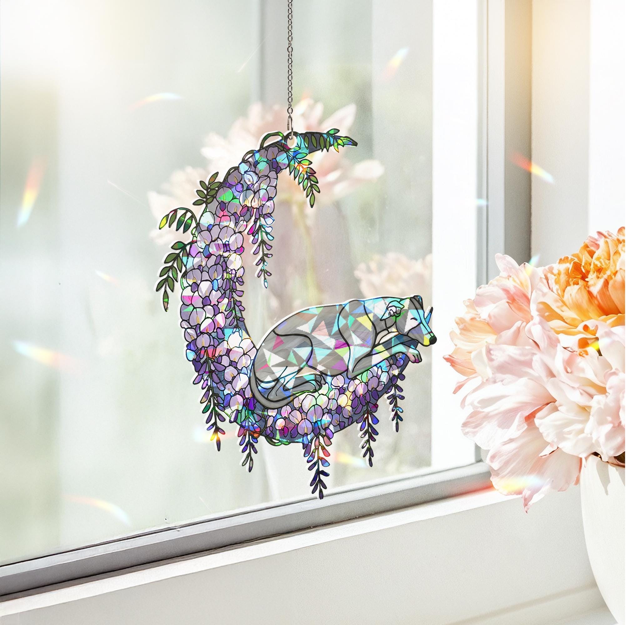 Holographic Greyhound Suncatcher Gift for Dog Mom Memorial Pet Loss Window Decor Mother's Day Greyhound Lover Gift Rainbow Light Catcher