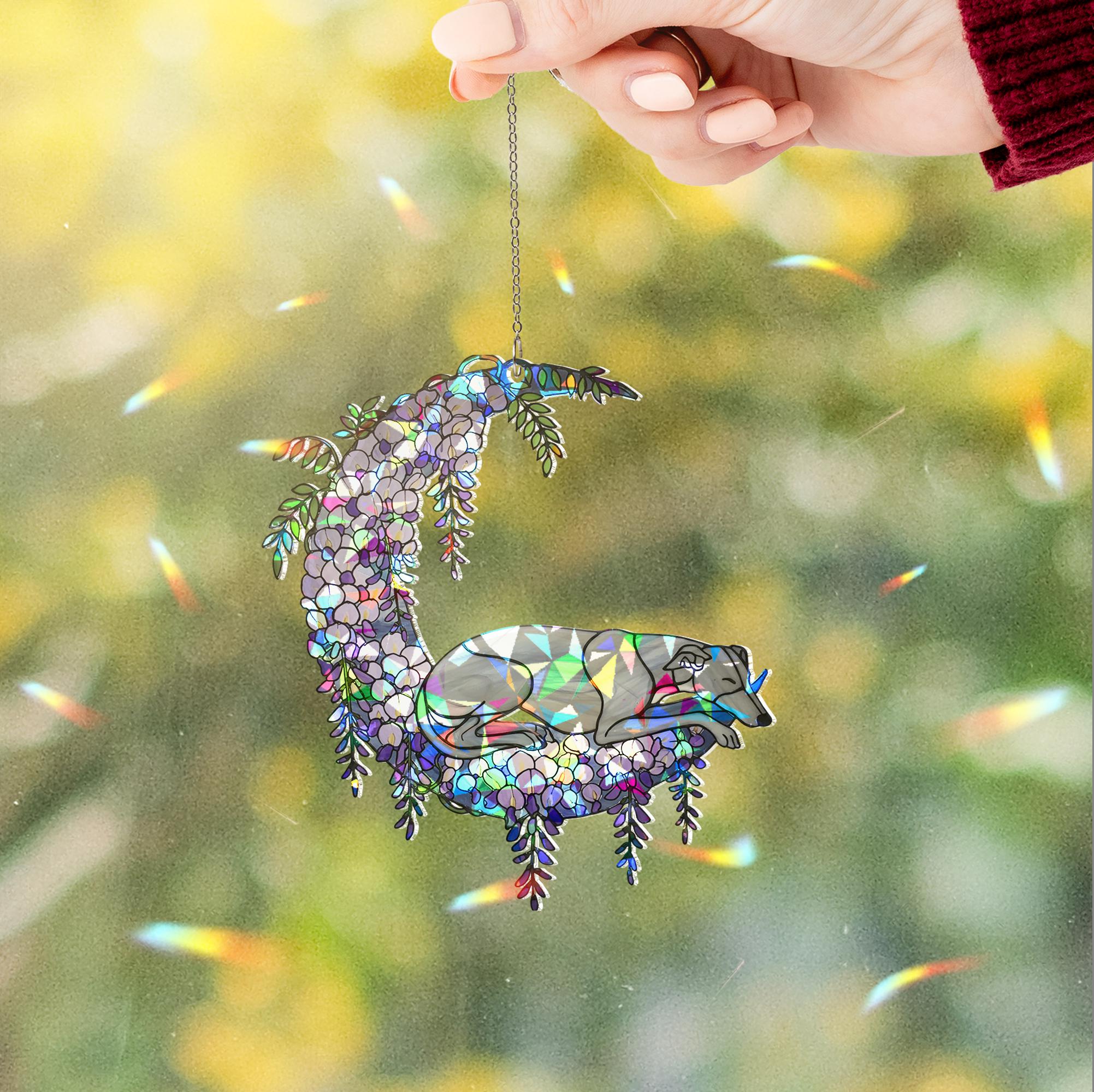 Holographic Greyhound Suncatcher Gift for Dog Mom Memorial Pet Loss Window Decor Mother's Day Greyhound Lover Gift Rainbow Light Catcher