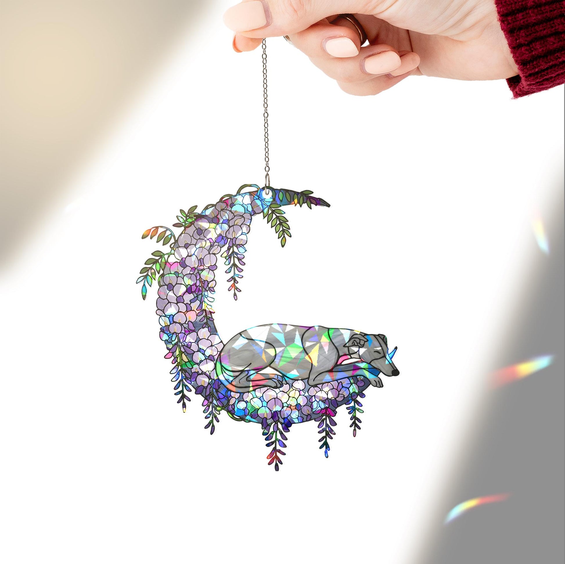 Holographic Greyhound Suncatcher Gift for Dog Mom Memorial Pet Loss Window Decor Mother's Day Greyhound Lover Gift Rainbow Light Catcher
