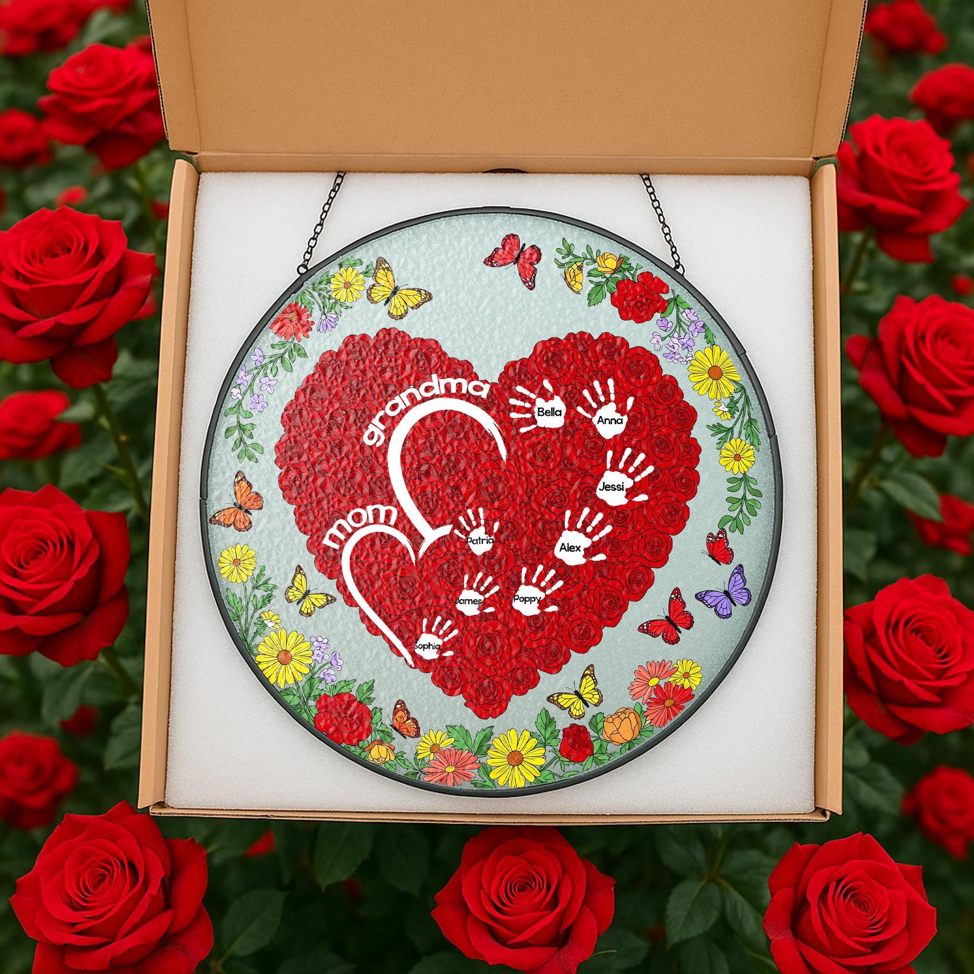 Custom Mom and Grandma Rose Heart Suncatcher – Personalized Kids Name Glass Sign – Mother’s Day Gift – Handprint Keepsake for Mom or Nana