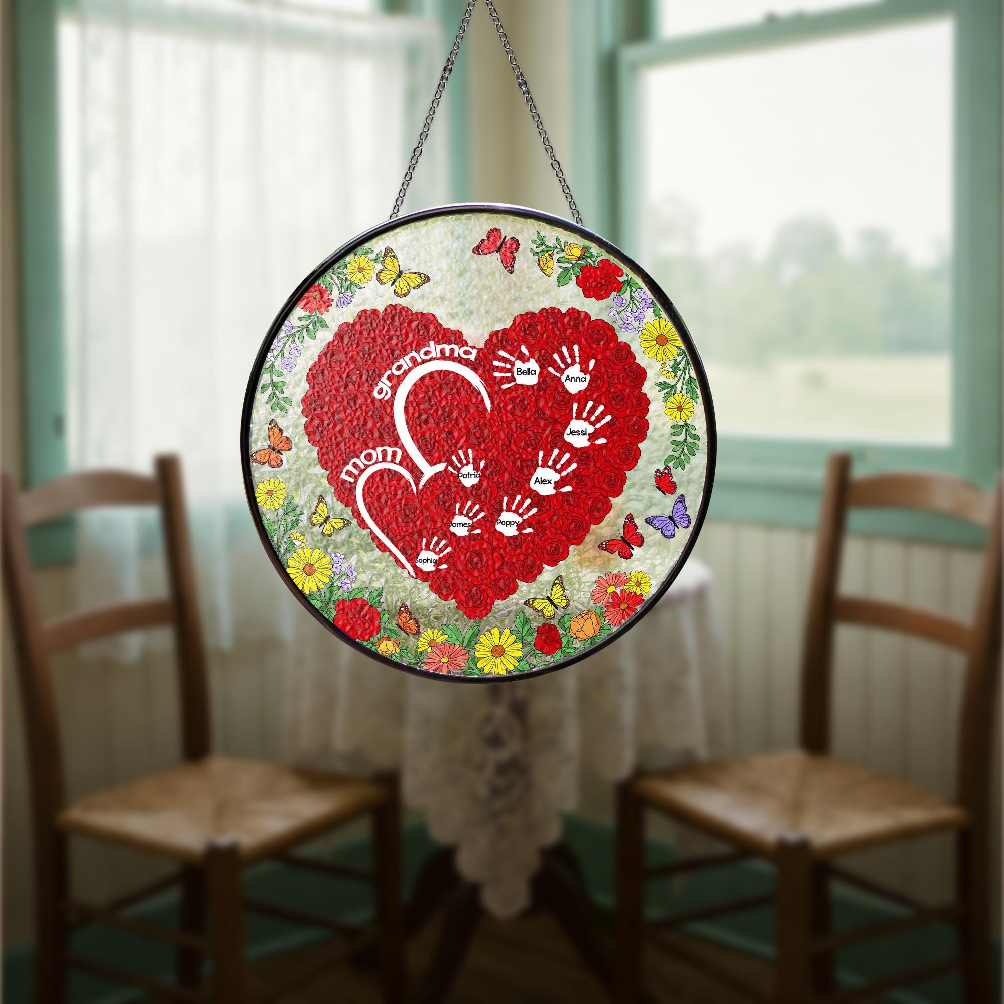 Custom Mom and Grandma Rose Heart Suncatcher – Personalized Kids Name Glass Sign – Mother’s Day Gift – Handprint Keepsake for Mom or Nana