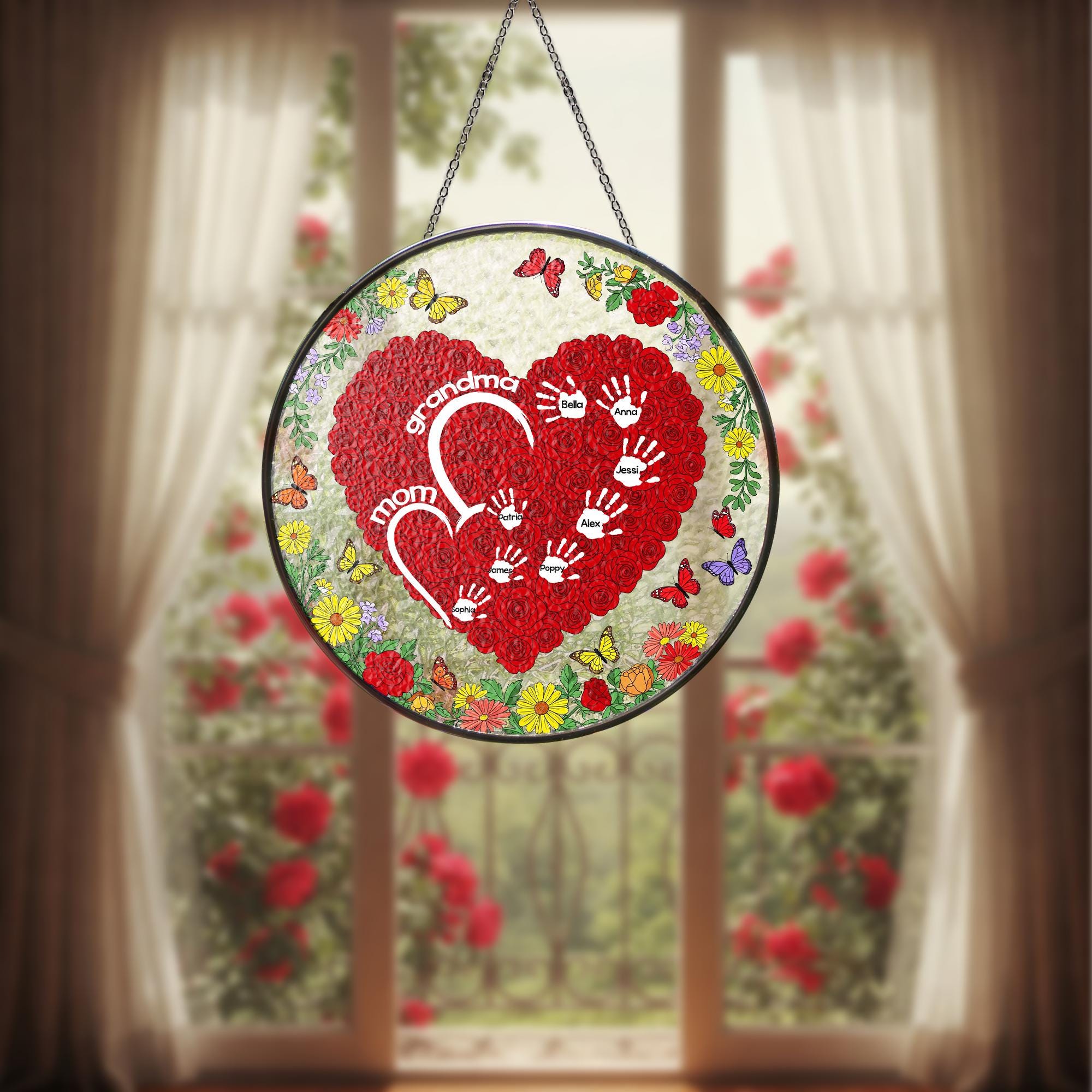 Custom Mom and Grandma Rose Heart Suncatcher – Personalized Kids Name Glass Sign – Mother’s Day Gift – Handprint Keepsake for Mom or Nana
