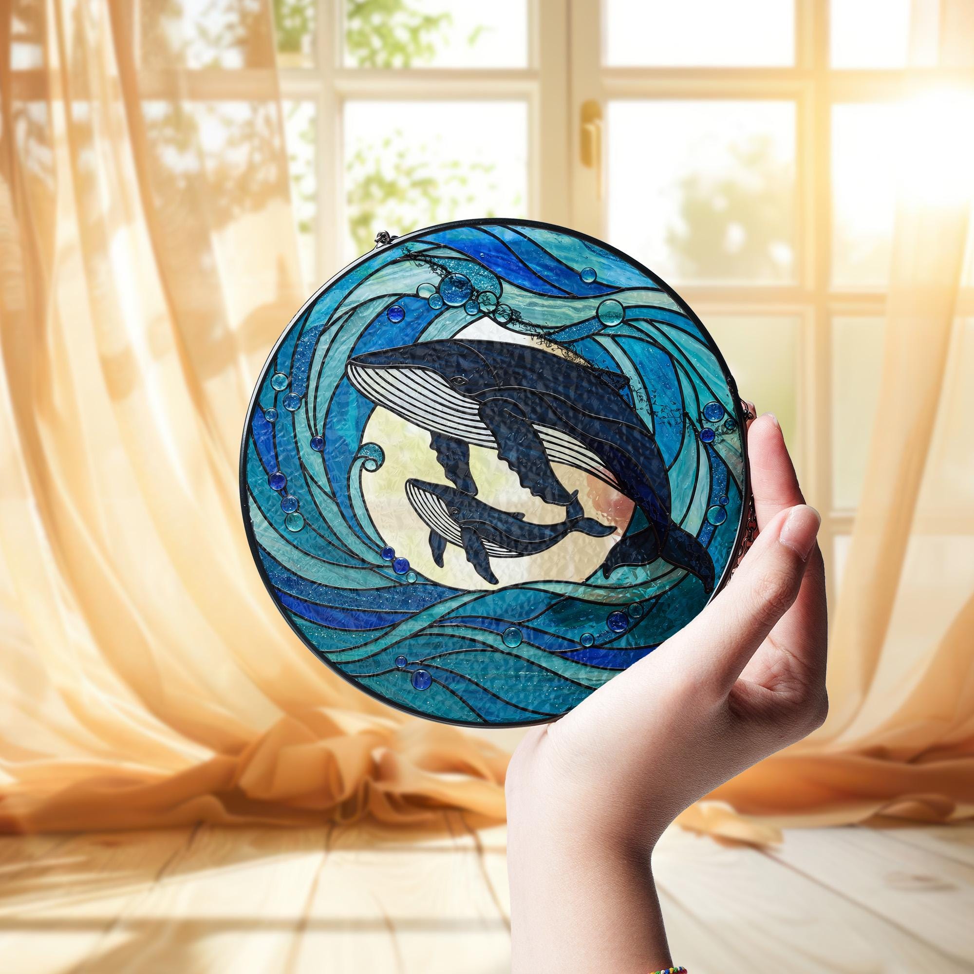 Whale Calf Glass Suncatcher Ocean Lover Gift for Mom Mother's Day Marine Sea Animal Window Art Coastal Home Decor Ornament