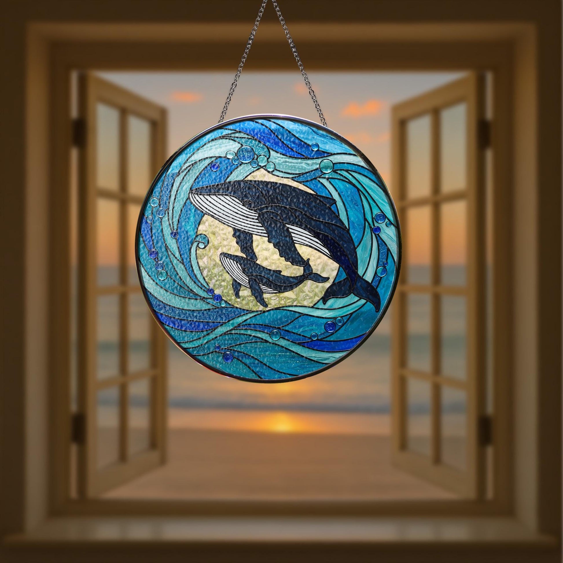 Whale Calf Glass Suncatcher Ocean Lover Gift for Mom Mother's Day Marine Sea Animal Window Art Coastal Home Decor Ornament