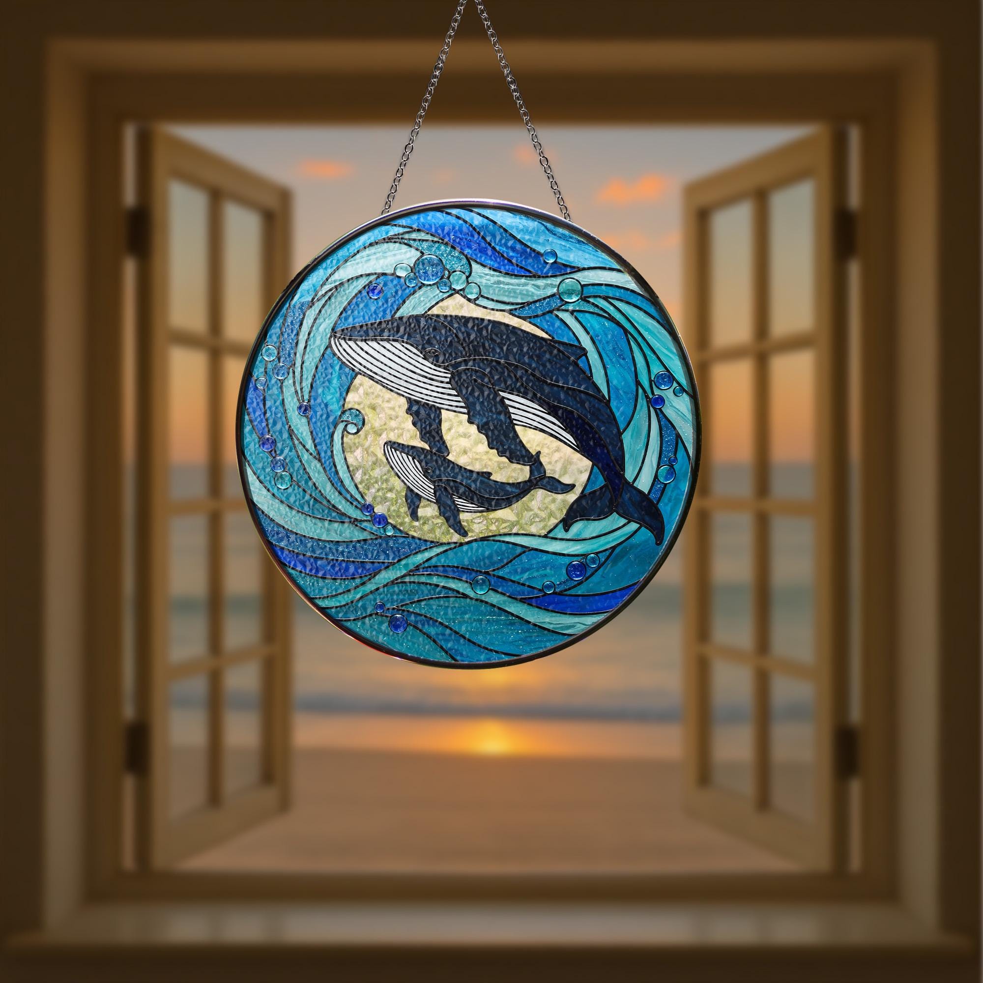 Whale Calf Glass Suncatcher Ocean Lover Gift for Mom Mother's Day Marine Sea Animal Window Art Coastal Home Decor Ornament