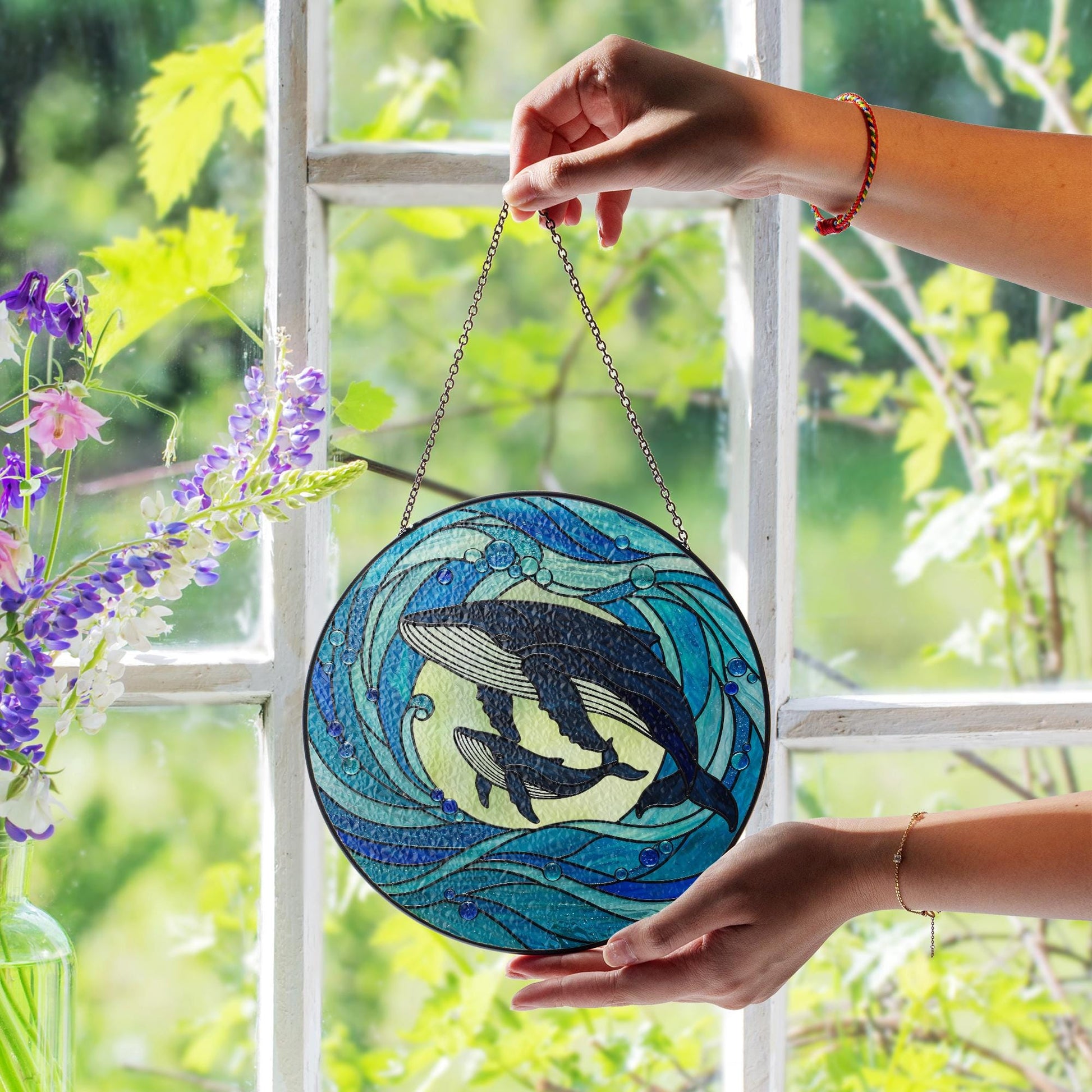 Whale Calf Glass Suncatcher Ocean Lover Gift for Mom Mother's Day Marine Sea Animal Window Art Coastal Home Decor Ornament