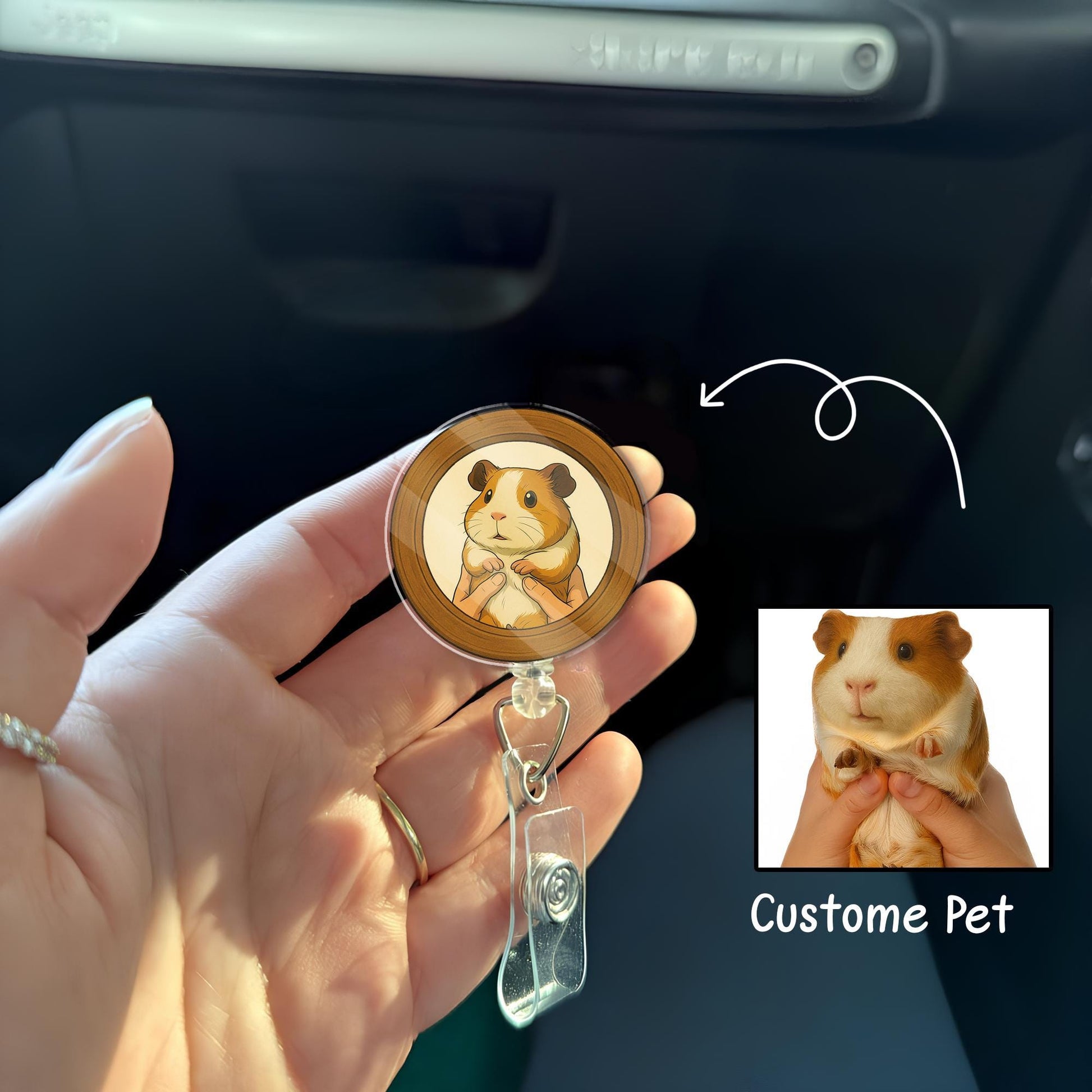 Custom Chibi Art Pet Portrait Badge Reel – Vintage Frame ID Holder with Pet Photo in Chibi Anime Cartoonize Style – Mother’s Day Gift