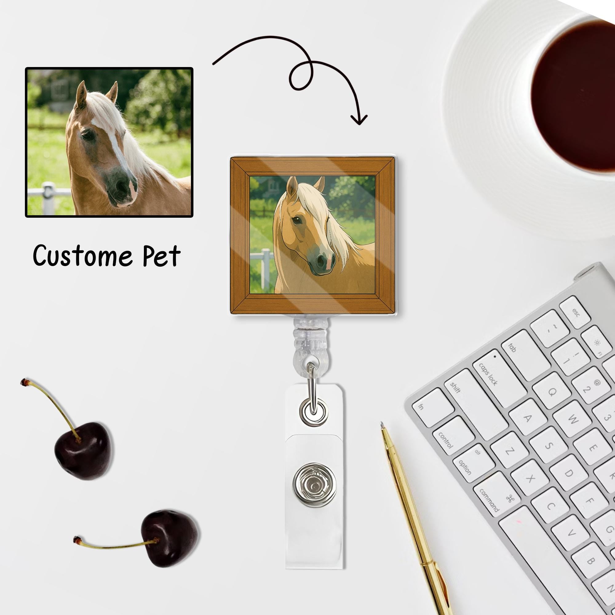 Custom Chibi Art Pet Portrait Badge Reel – Vintage Frame ID Holder with Pet Photo in Chibi Anime Cartoonize Style – Mother’s Day Gift