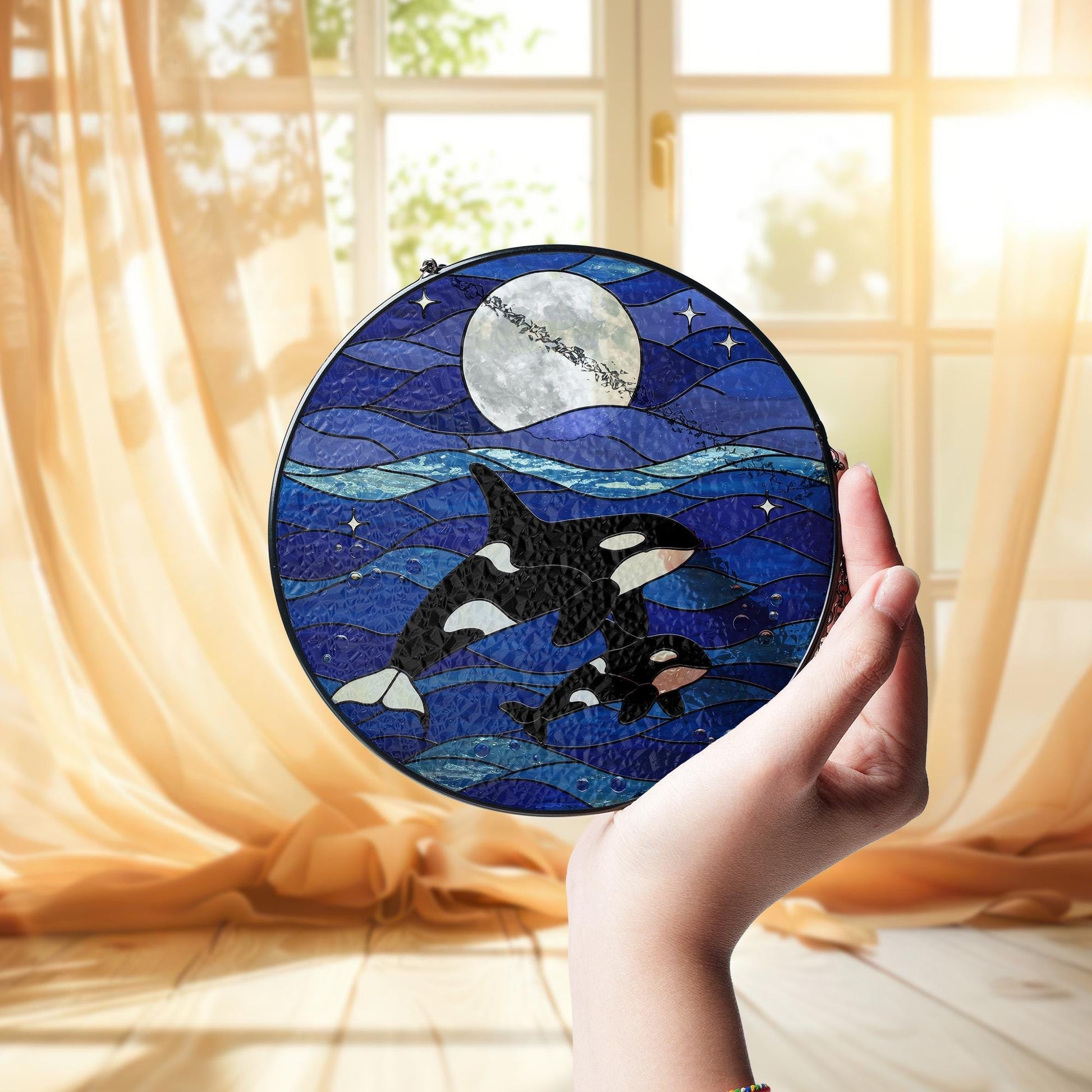 Orca Glass Suncatcher Ocean Lover Gift for Mom Mother's Day Marine Sea Animal Window Art Coastal Home Decor Ornament