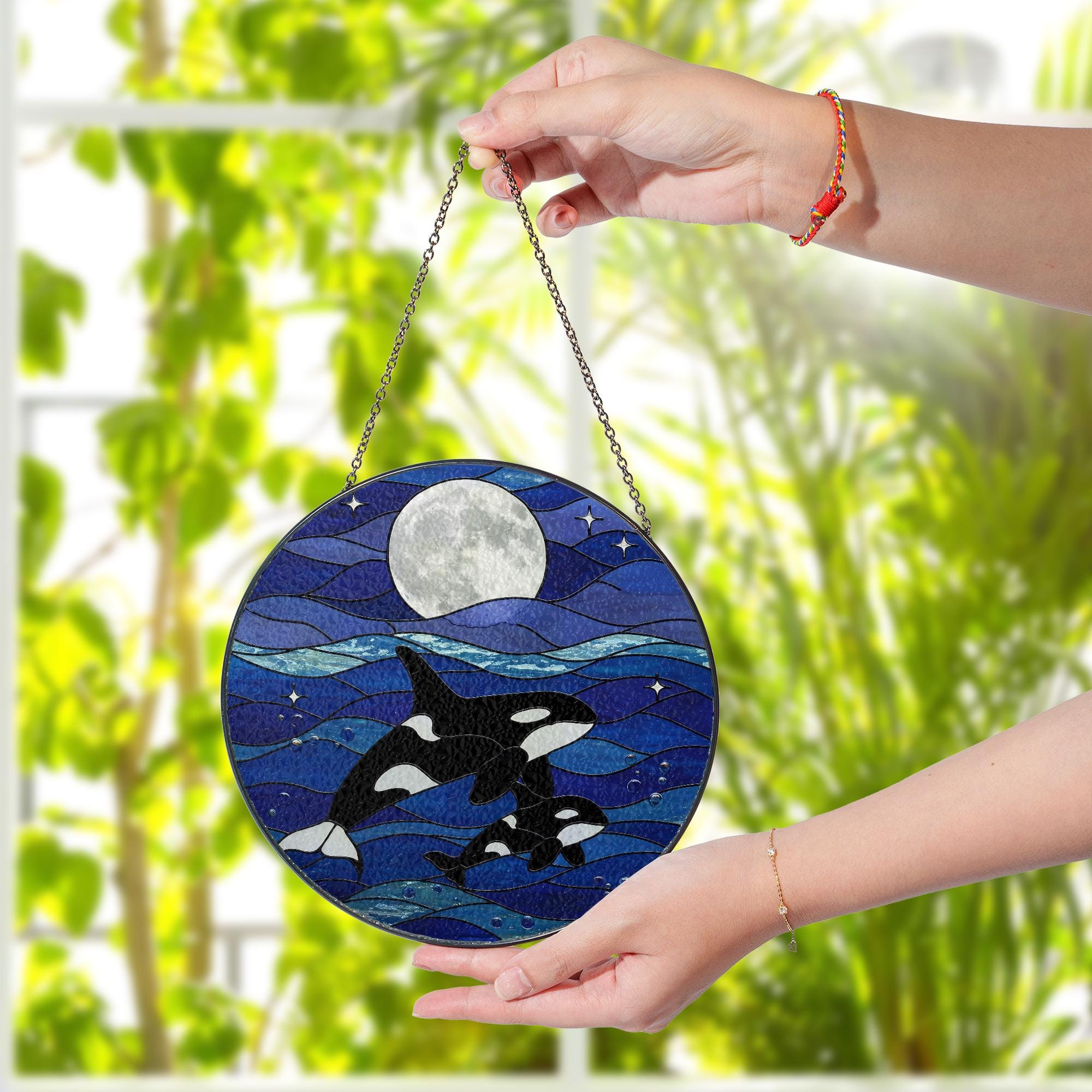 Orca Glass Suncatcher Ocean Lover Gift for Mom Mother's Day Marine Sea Animal Window Art Coastal Home Decor Ornament