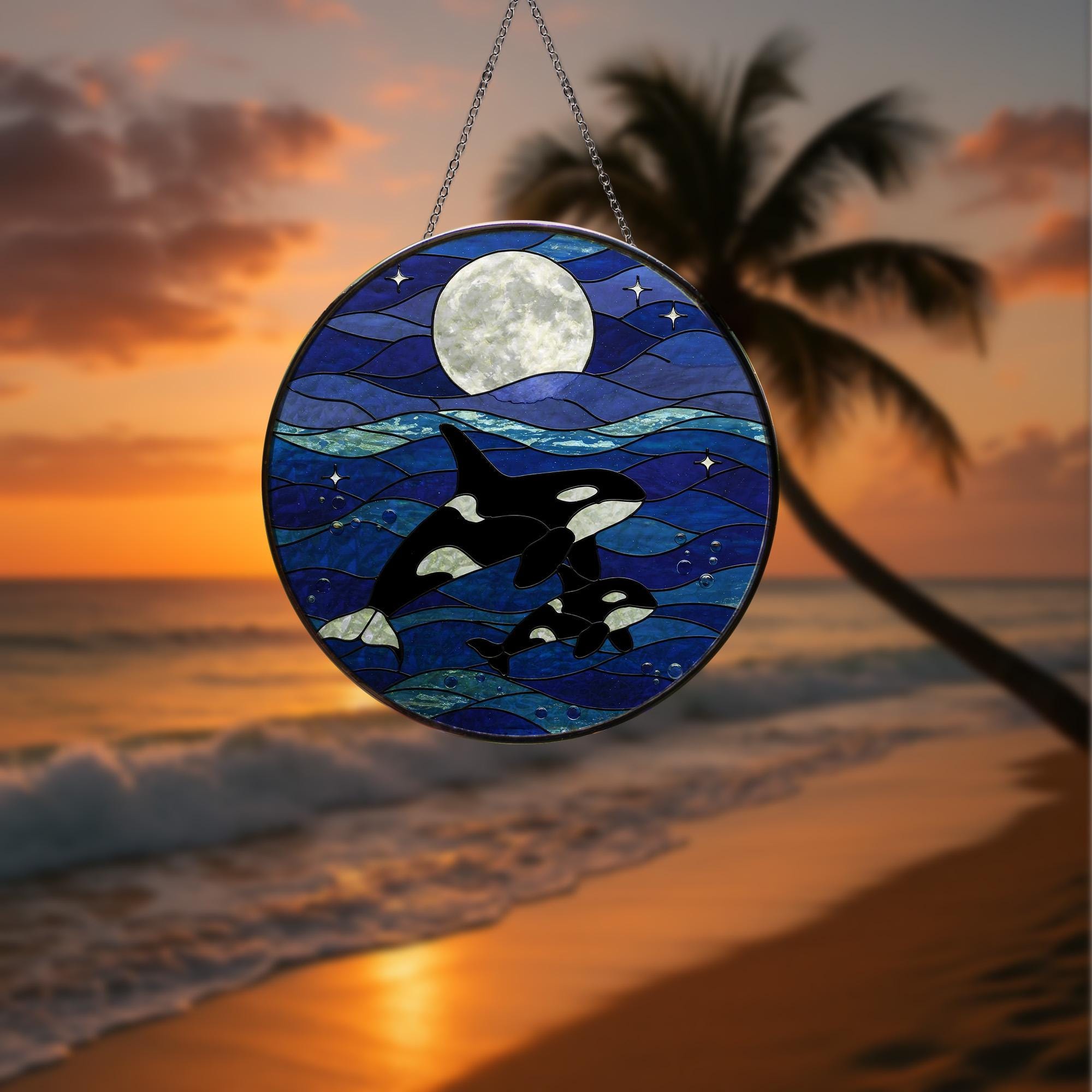 Orca Glass Suncatcher Ocean Lover Gift for Mom Mother's Day Marine Sea Animal Window Art Coastal Home Decor Ornament