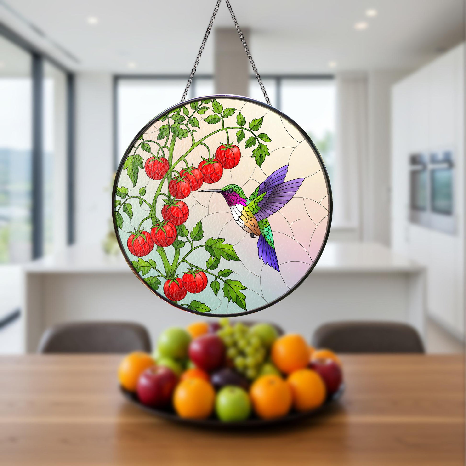 Hummingbird Glass Suncatcher, Tomato Tree Branch Decor, Garden Gift for Mom, Mother's Day Sun Catcher, Handcrafted Window Art