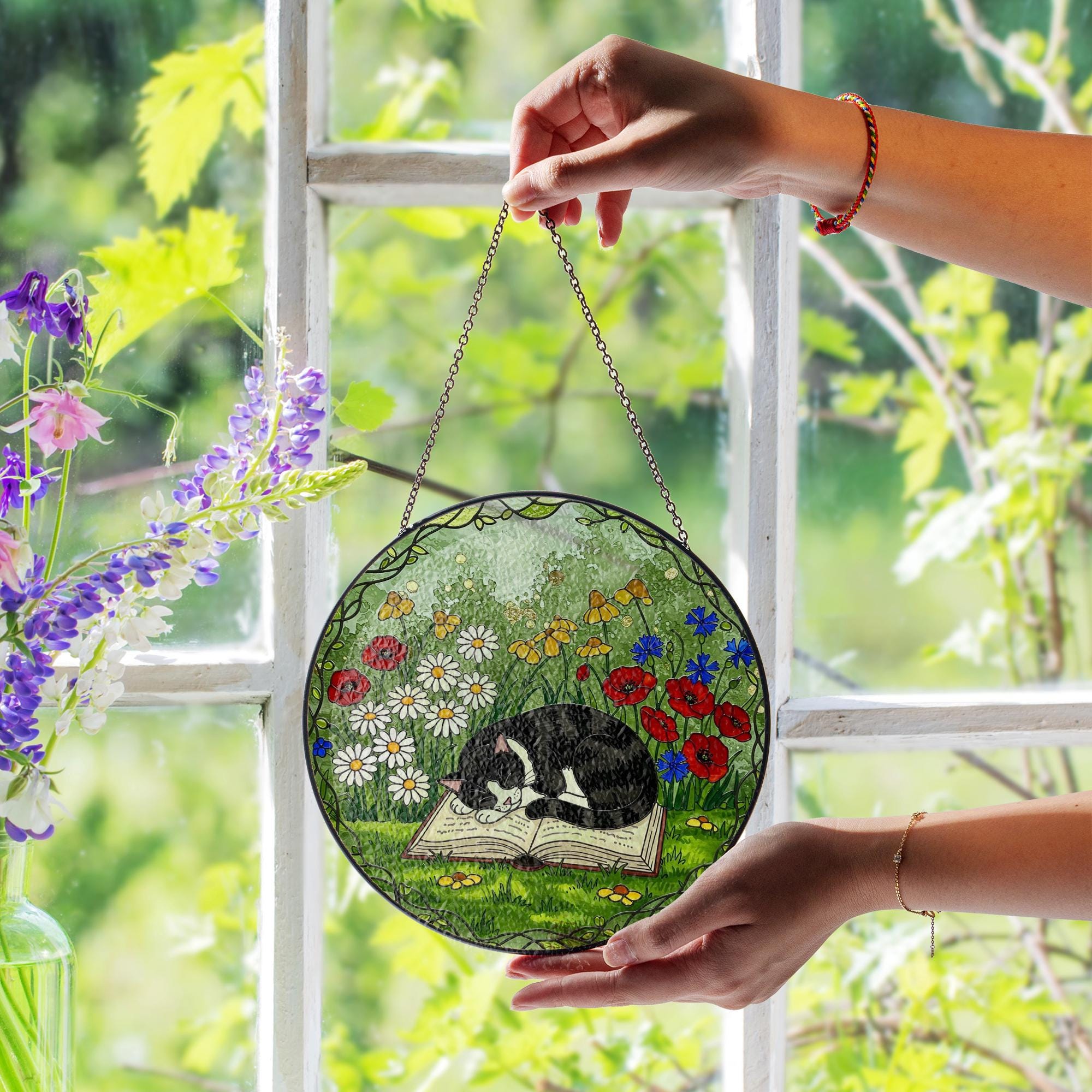 Cat and Book Glass Suncatcher Gift for Cat Mom and Book Lover | Tuxedo Cat Garden Window Art Mother's Day Gift for Readers